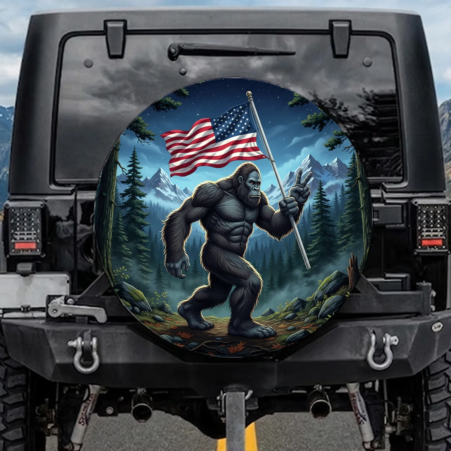 Majestic Bigfoot American Flag Peace Sign Mountain Forest - Independence Day Gift Spare Tire Cover - 1