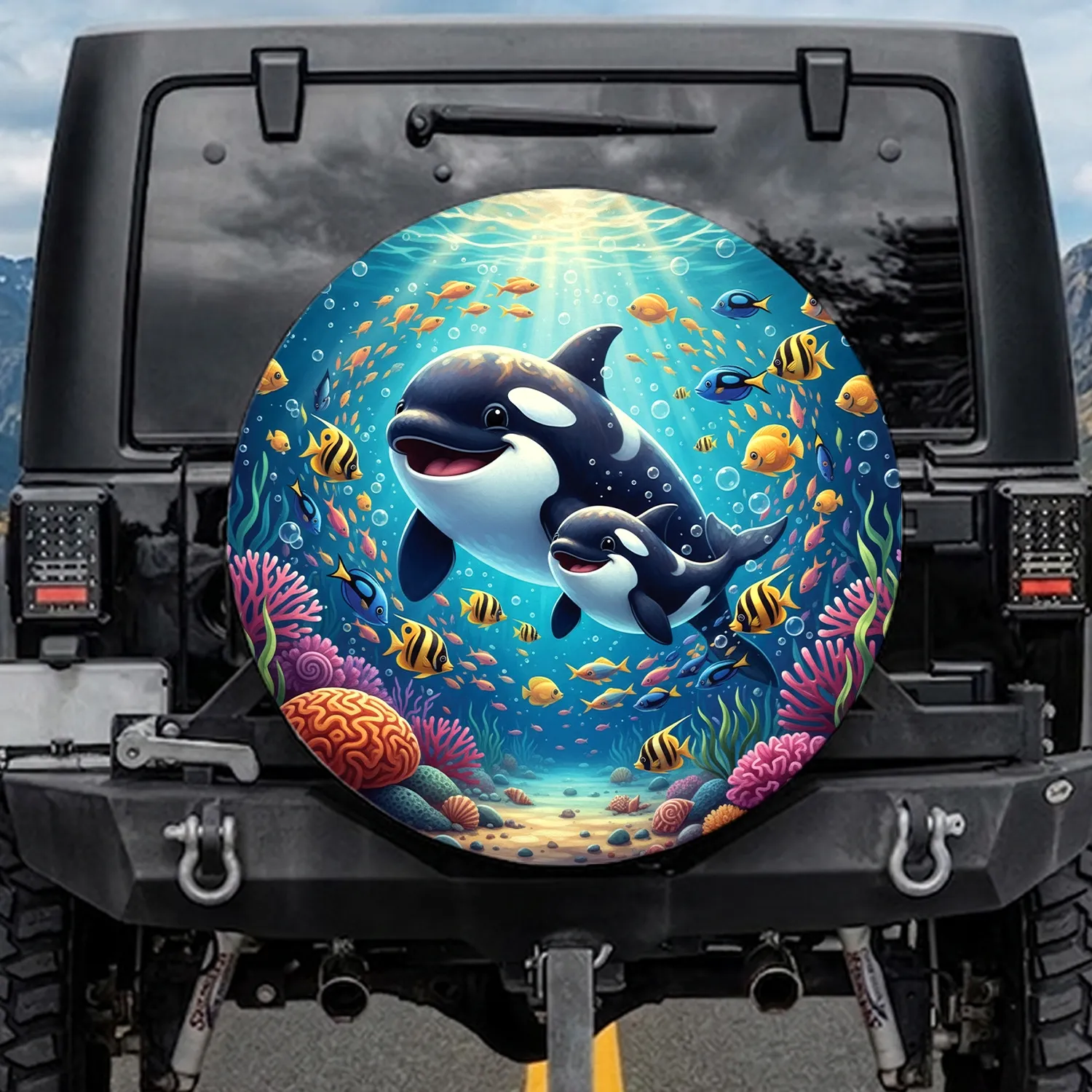 Orcas Marine Life Tropical Fish Coral Reef Seascape - Ocean Lover Gift Spare Tire Cover - 1