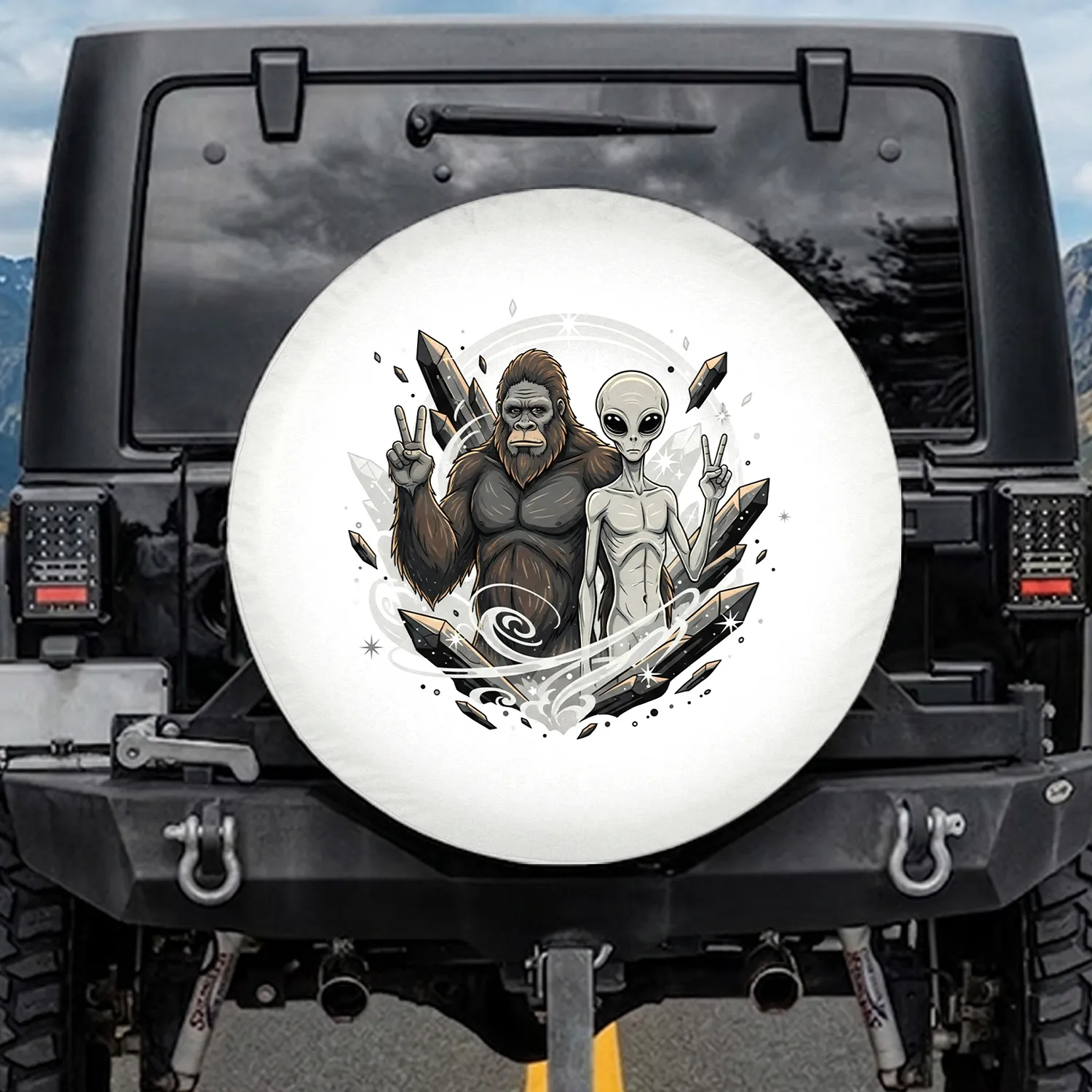 Bigfoot Grey Alien Peace Sign Cosmic Starbursts Ethereal Mist Mysterious Landscape - Paranormal Fan Gift Spare Tire Cover - 1