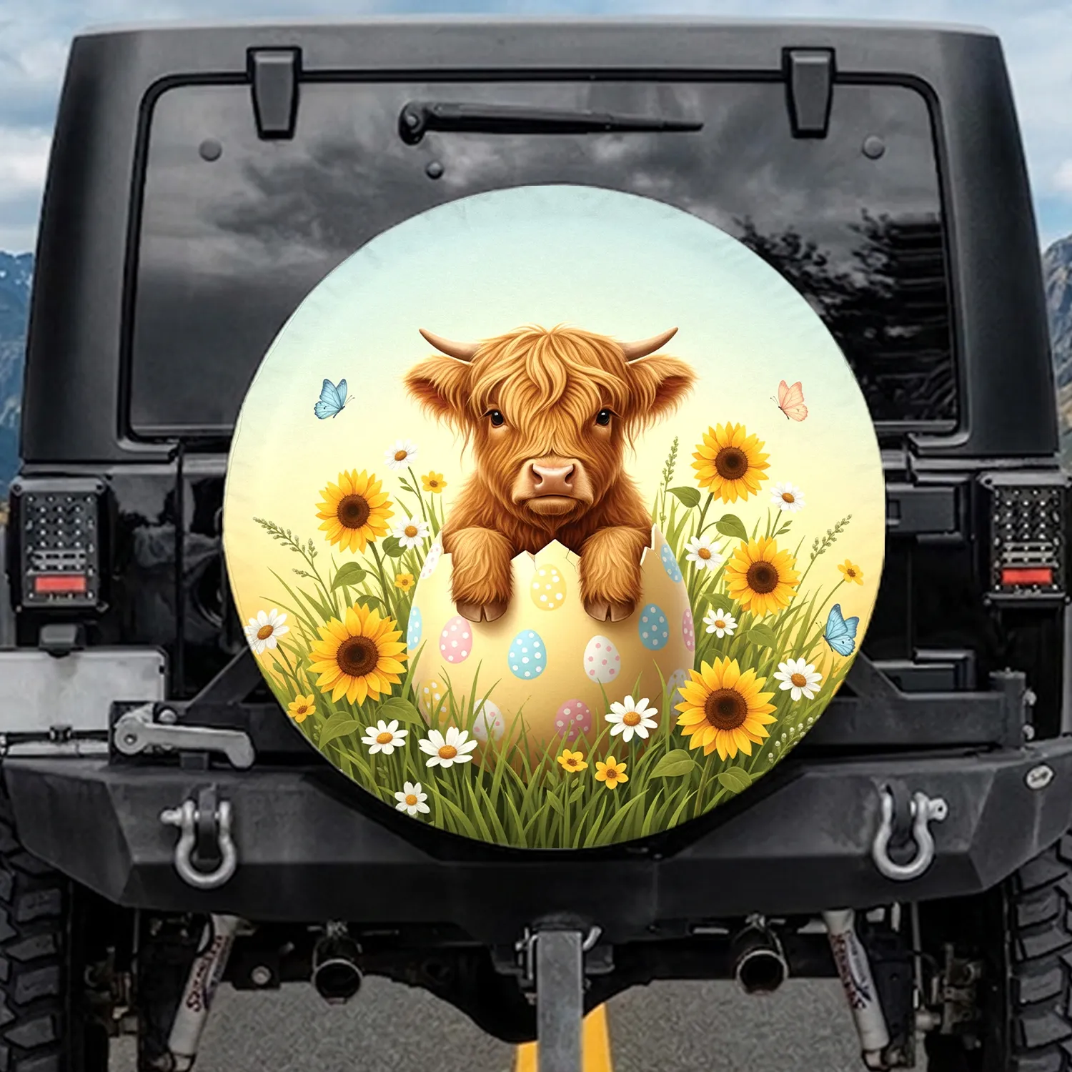 Baby Highland Cow Easter Egg Sunflowers Wildflowers - Spring Easter Gift Spare Tire Cover - 1