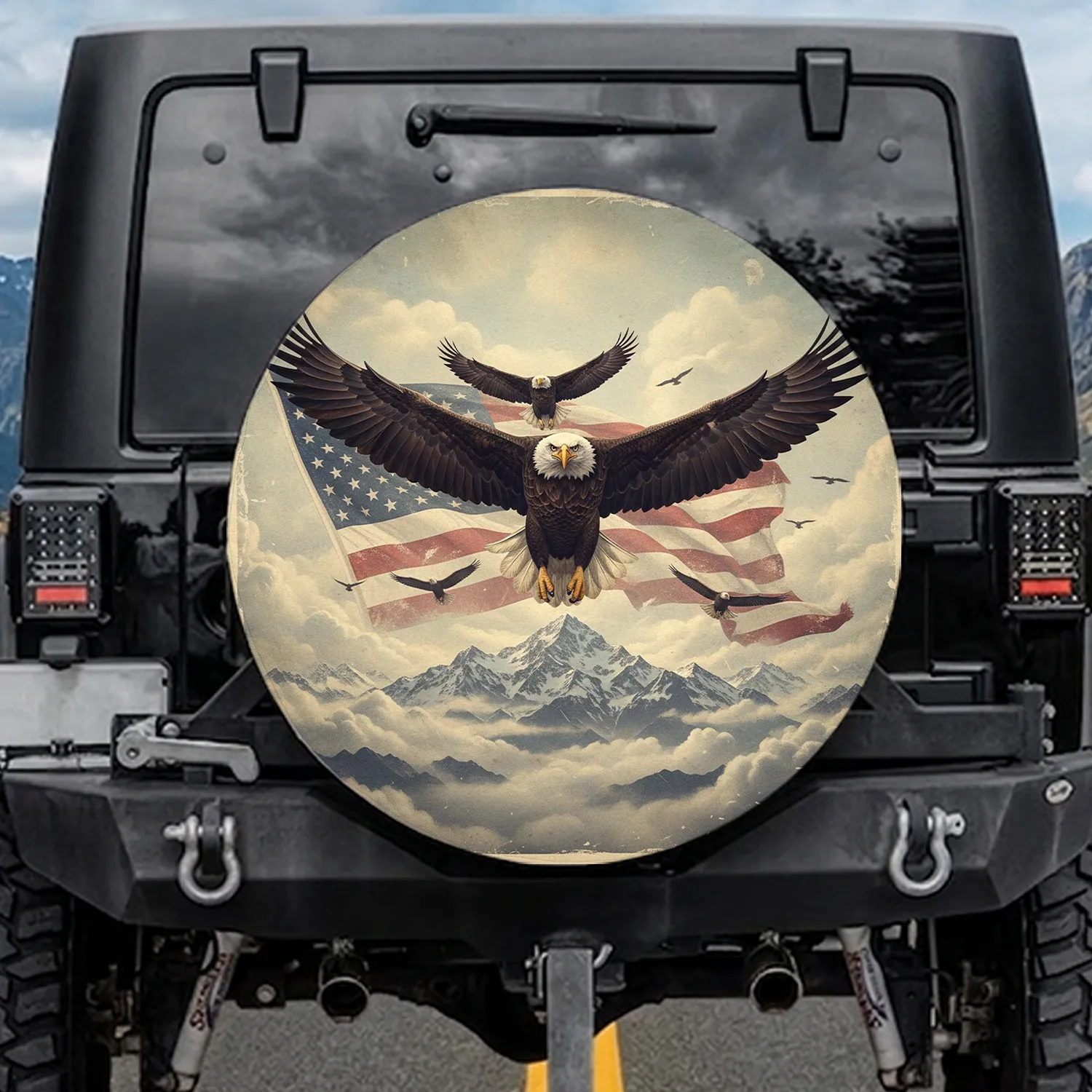 Bald Eagle American Flag Soaring Flight - Vintage Patriotic Wildlife Gift Spare Tire Cover - 1