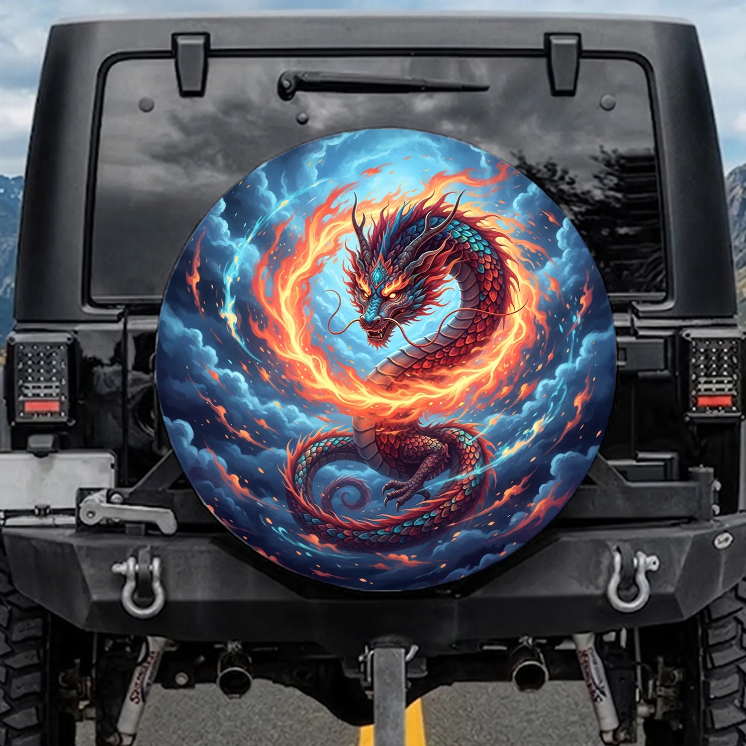 Eastern Dragon Fiery Red Blue Energy Swirling Clouds - Fantasy Adventure Gift Spare Tire Cover - 1