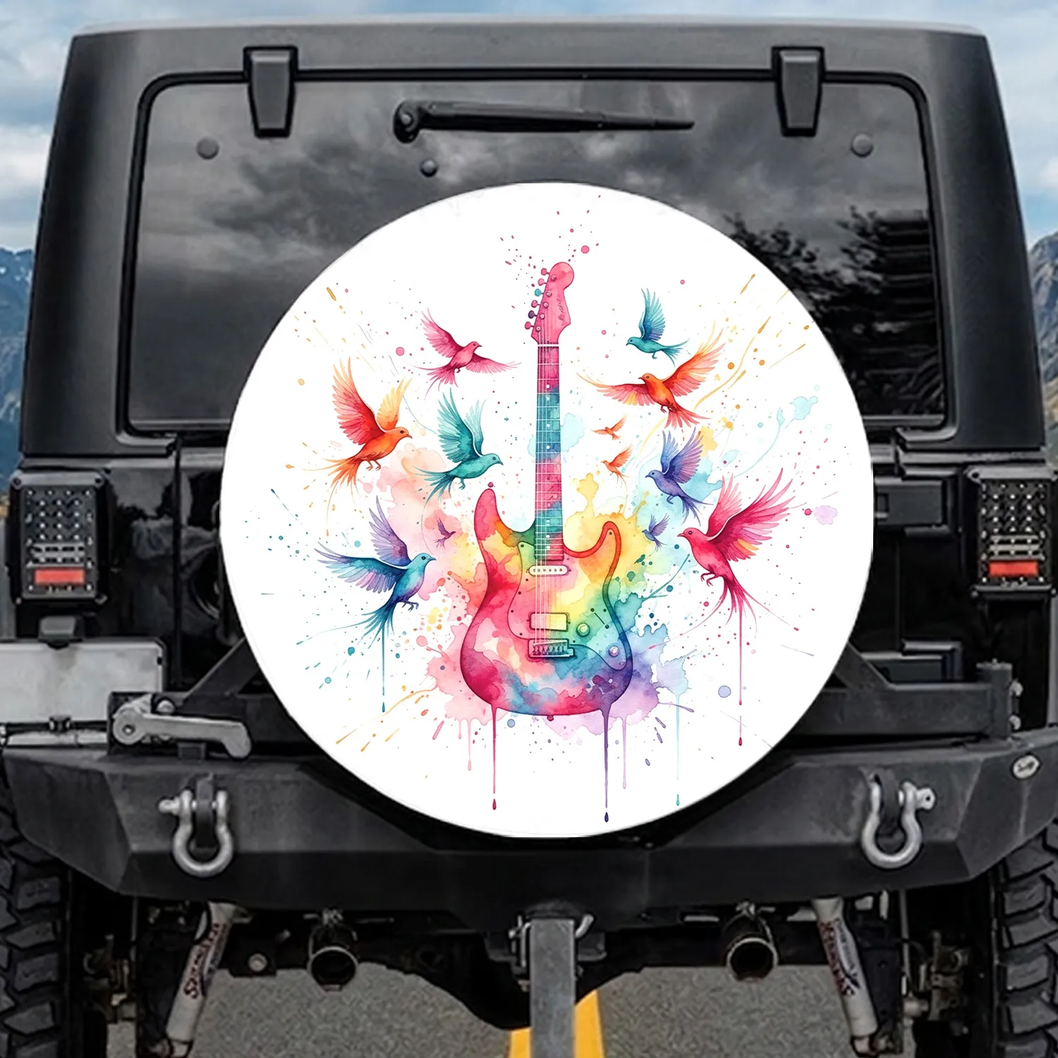 Electric Guitar Soaring Birds Paint Splatters Paint Drips Paint Speckles - Art Lover Gift Spare Tire Cover - 1