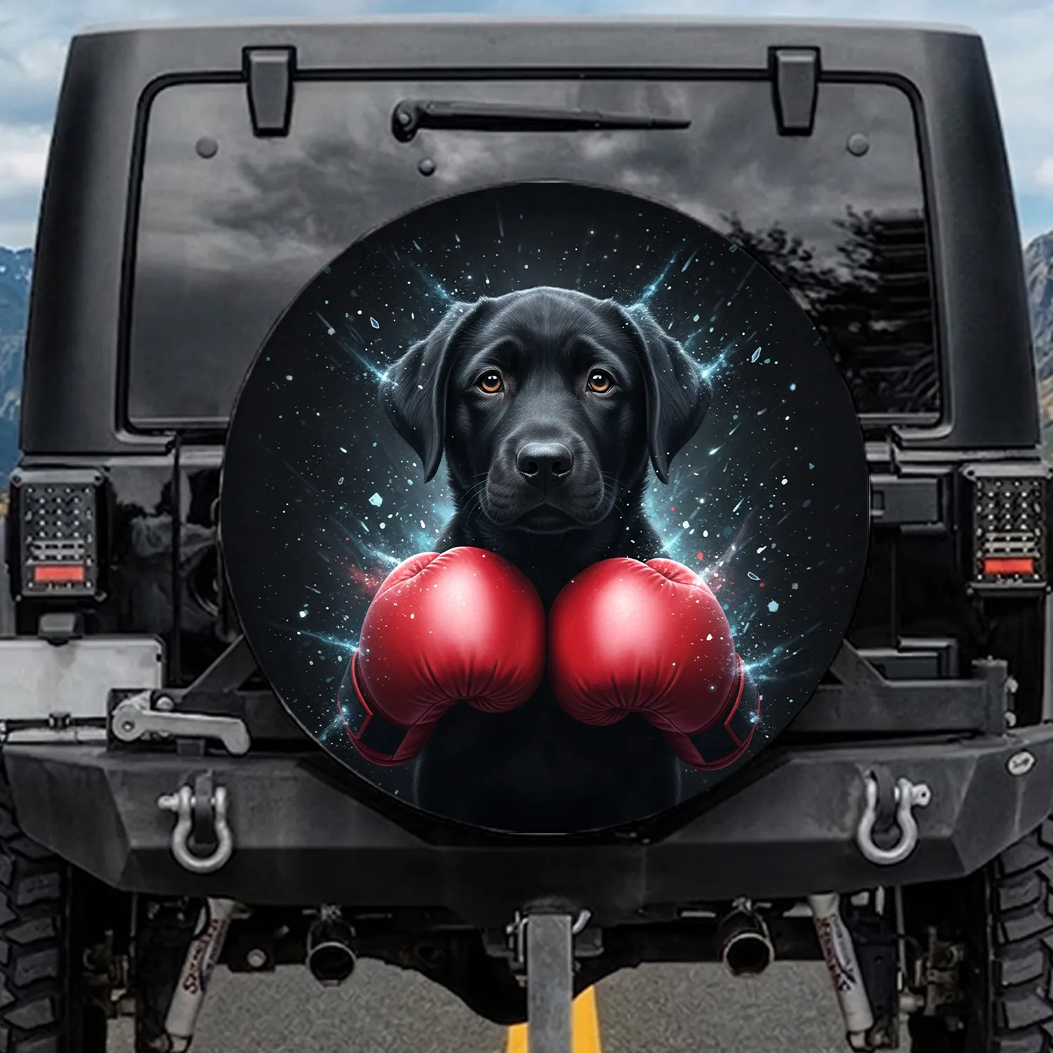 Black Labrador Puppy Red Boxing Gloves Dark Cosmic Stardust - Dog Lover Gift for Pet Owners Spare Tire Cover - 1