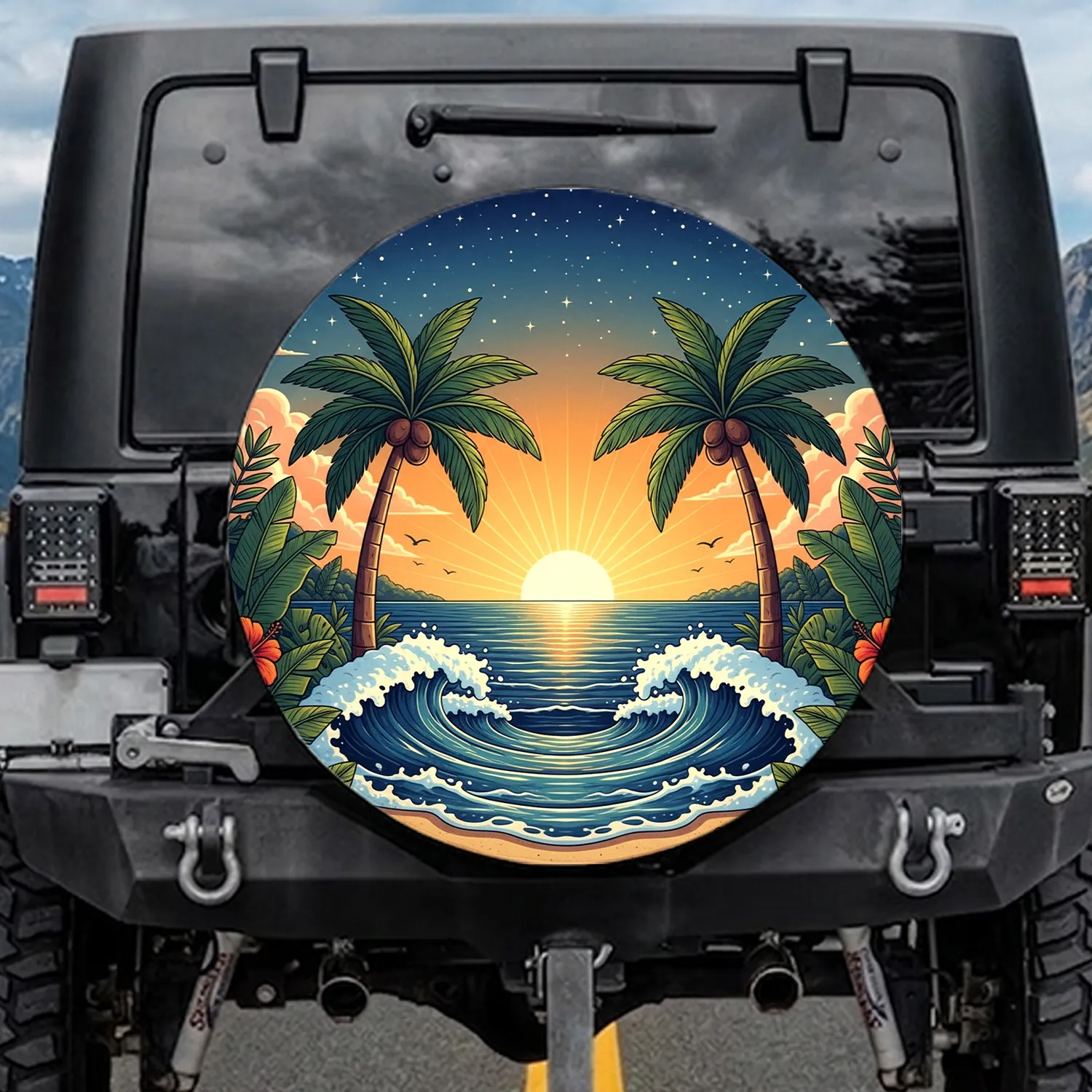 Tropical Palm Trees Ocean Sunset Stars Beach - Outdoor Lifestyle Accessory Spare Tire Cover - 1