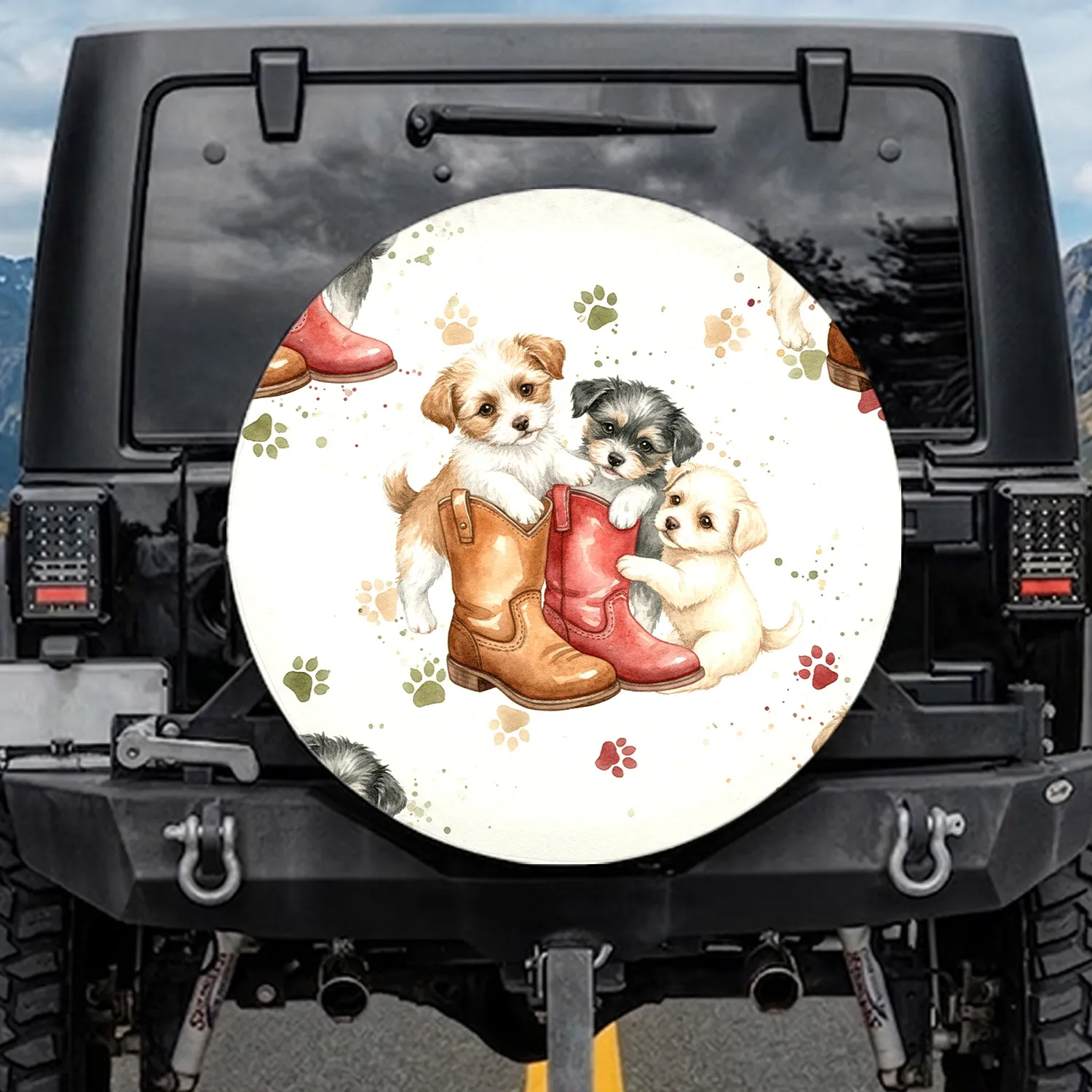 Fluffy Puppies Watercolor Boots Paw Prints - Everyday Dog Lover Gift Spare Tire Cover - 1