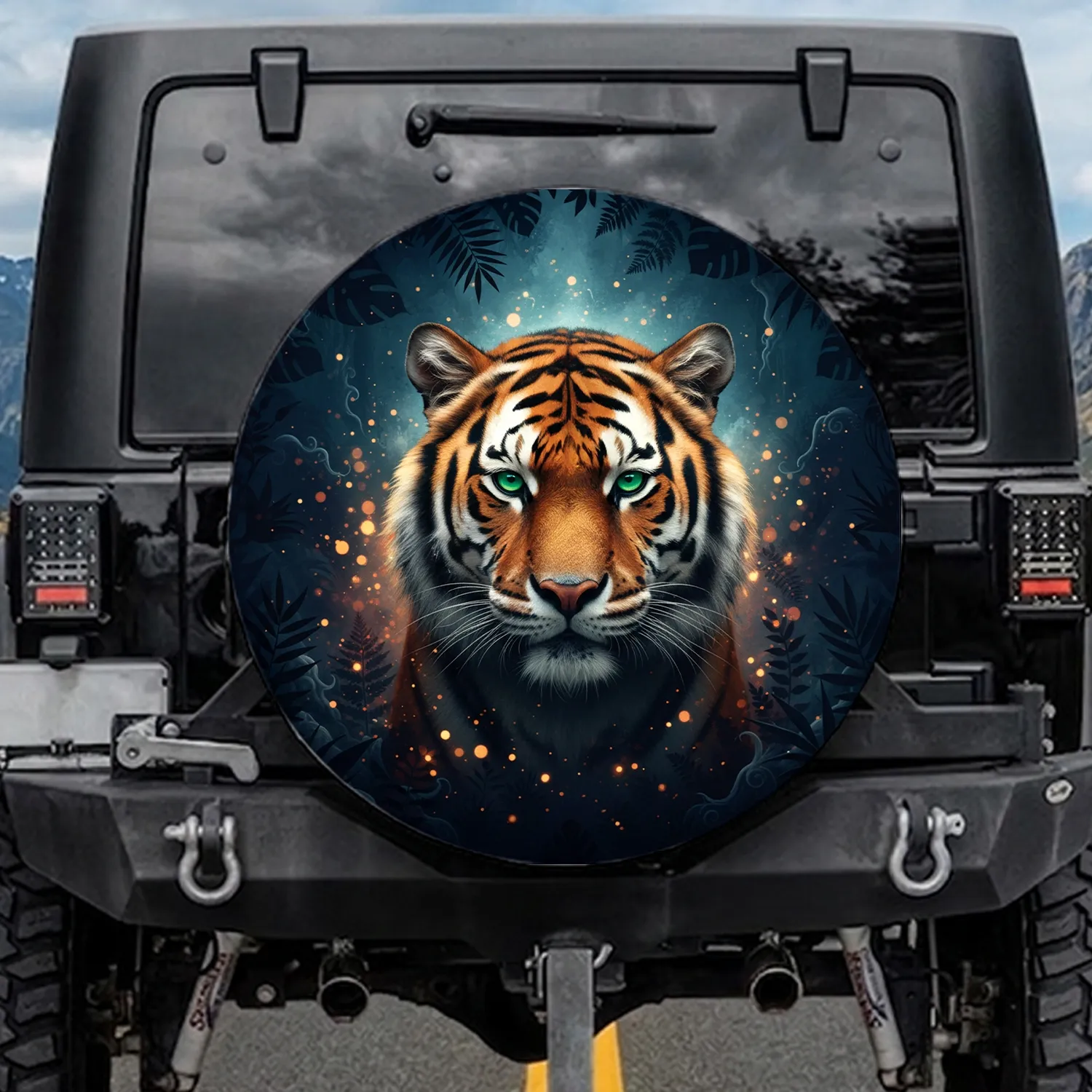 Fierce Siberian Tiger Head Emerald Eyes Twilight Jungle - Wildlife Lover Gift Spare Tire Cover - 1