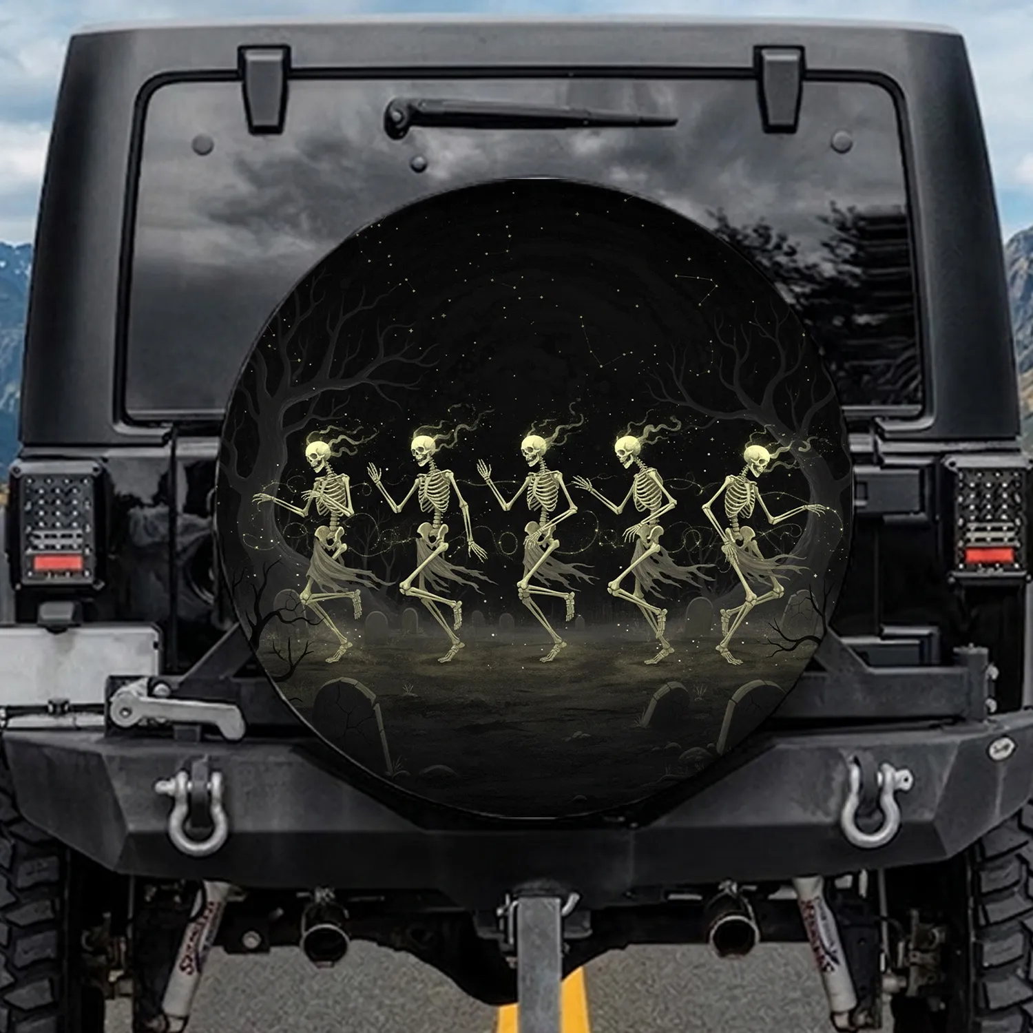 Five Skeletal Figures Dancing Glowing Leafless Trees Tombstones - Gothic Macabre Elegance Decor Spare Tire Cover - 1