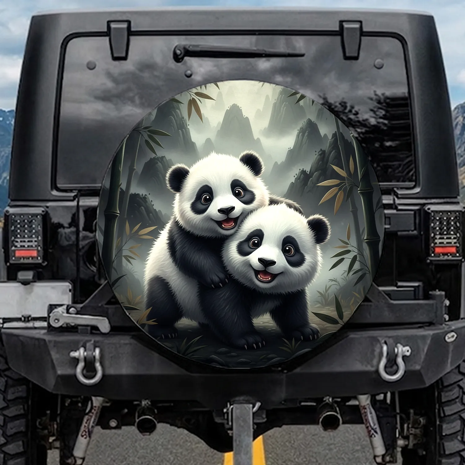 Wide-Eyed Baby Pandas Playfully Climbing Bamboo Forest Wildlife Lover Gift Spare Tire Cover - 1