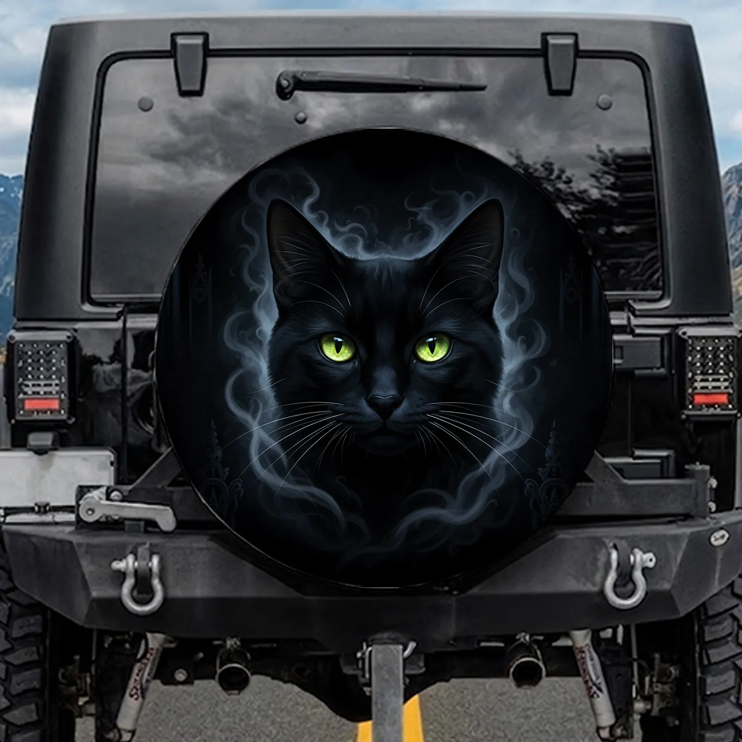 Sleek Black Cat Glowing Yellow Green Eyes Whiskers - Mysterious Home Decor Gift for Cat Lover Spare Tire Cover - 1