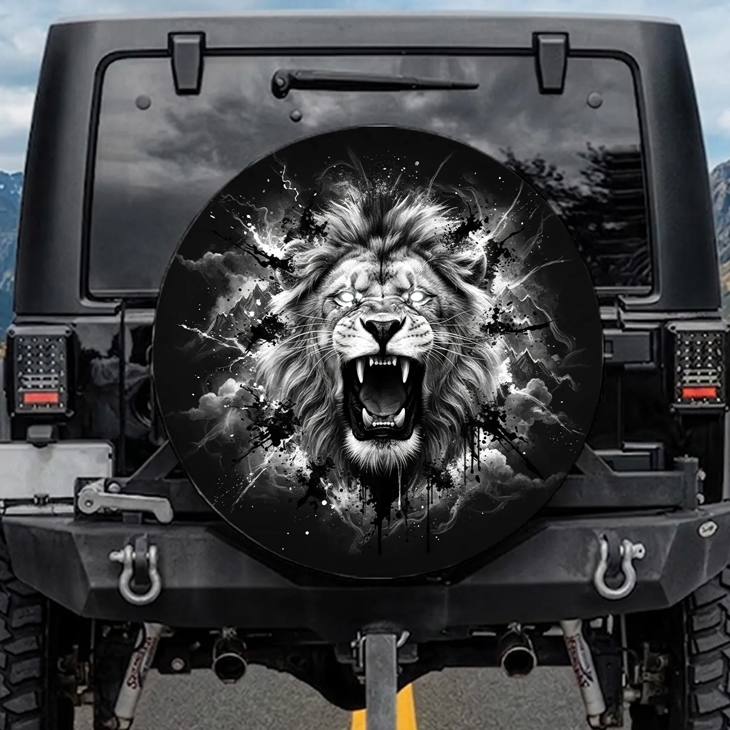 High-Contrast Roaring Lion Head Black White Grunge Storm - Wildlife Lover Gift Spare Tire Cover - 1
