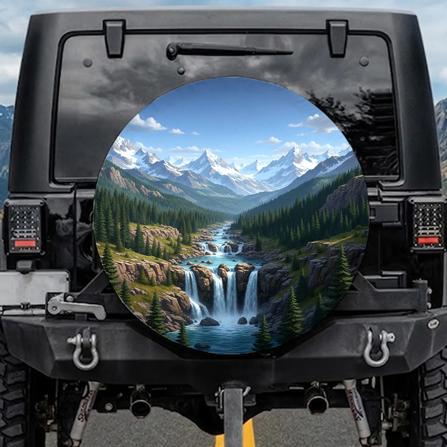 Majestic Mountain River Waterfalls Scene - Outdoor Adventure Gift Spare Tire Cover - 1