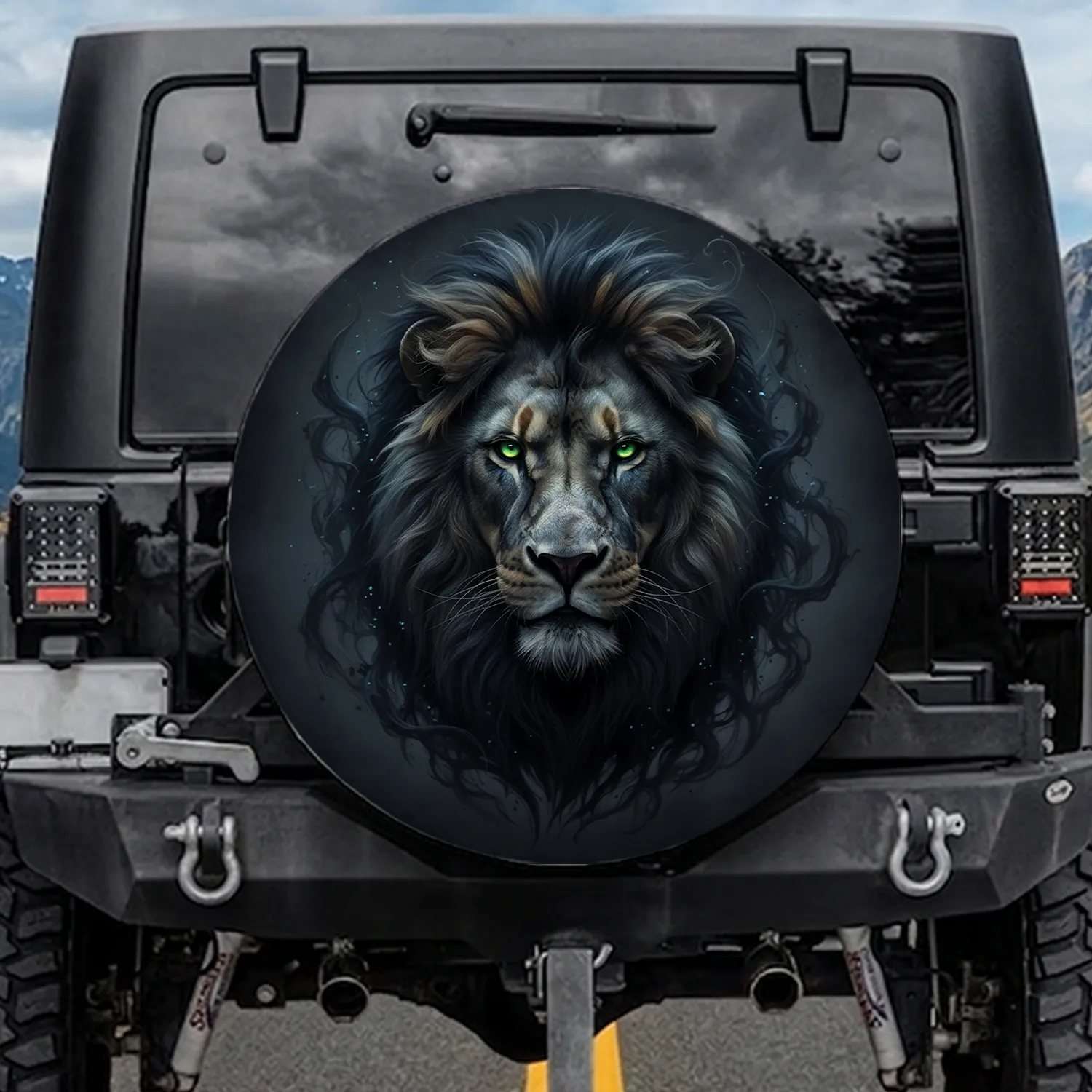 Fierce Lion Head Dark Mane Yellow-Green Eyes - Wildlife Lover Gift for Truck Owners Spare Tire Cover - 1