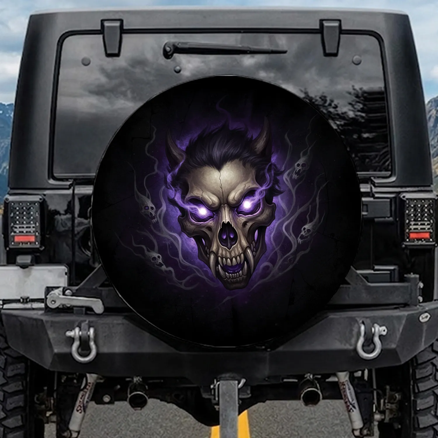 Dark Spectral Menacing Furry Skull Glowing Purple Eyes - Gothic Fantasy Decor Gift Spare Tire Cover - 1