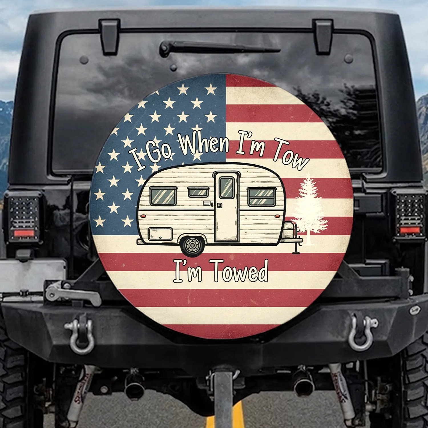Vintage Travel Trailer American Flag - Road Trip Essential - Camper Gift Spare Tire Cover - 1