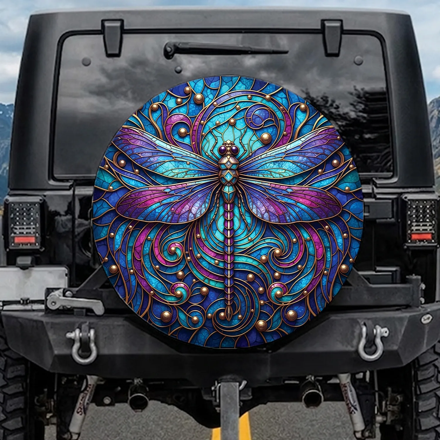 Stained Glass Dragonfly Swirls - Wildlife Lover Gift, Dragonfly Fan Spare Tire Cover - 1