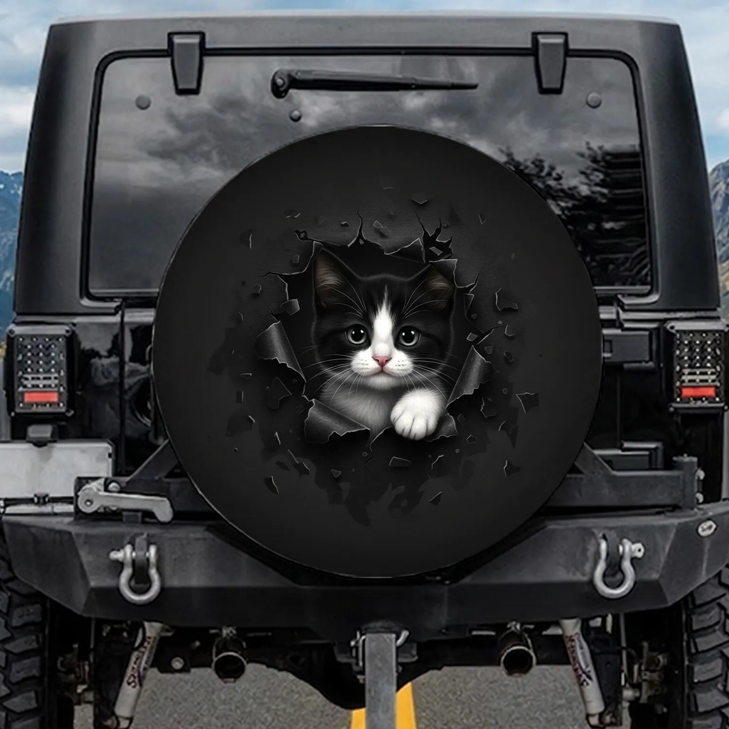 Black and White Kitten Peeking Torn Canvas - Pet Lover Gift for Cat Owners Spare Tire Cover - 1