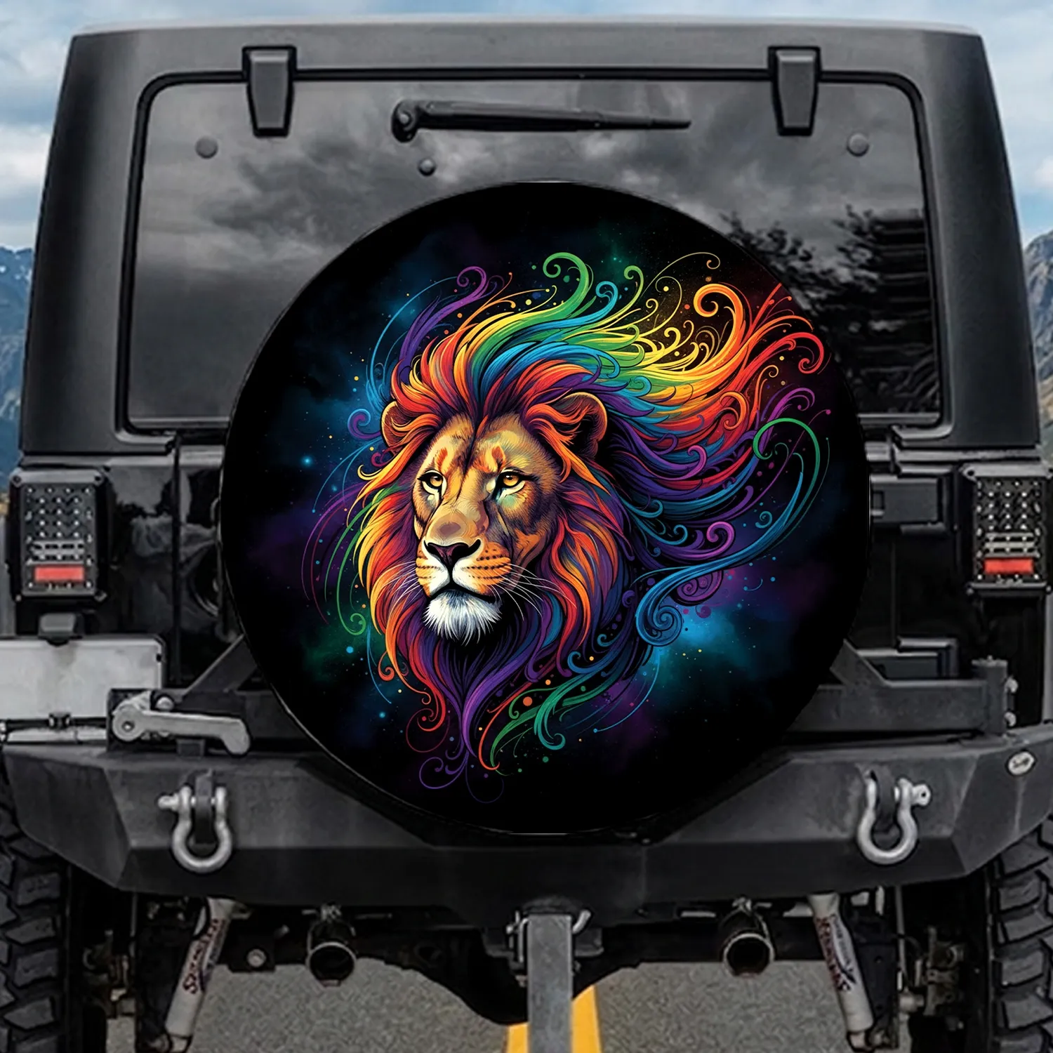 Detailed Lion Face Rainbow Mane Blue Purple Green Flowing Patterns Cosmic Black - Wildlife Lover Gift Spare Tire Cover - 1