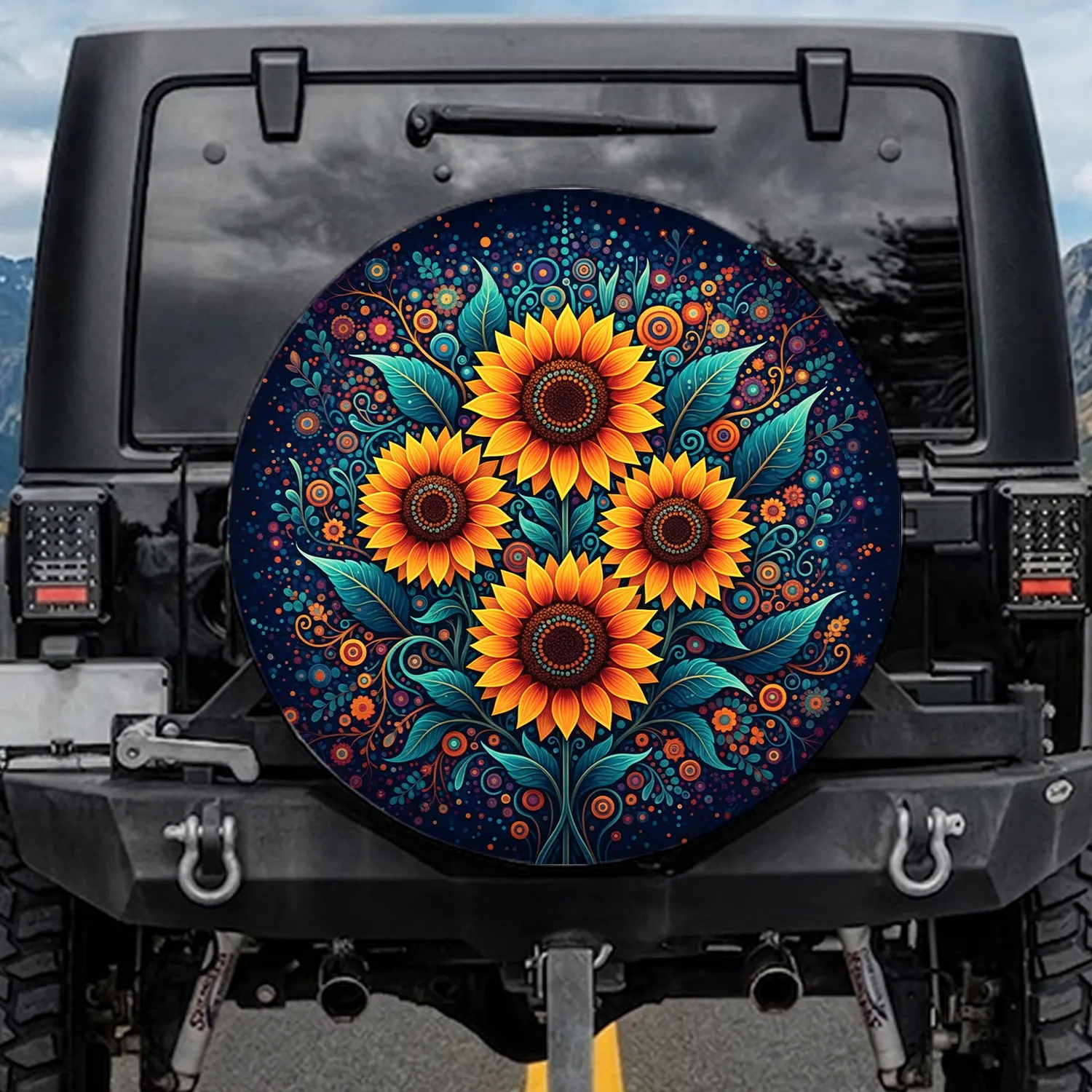 Sunflowers Mandala Foliage Concentric Dots Cosmic Tapestry - Outdoor Vehicle Decor Gift Spare Tire Cover - 1