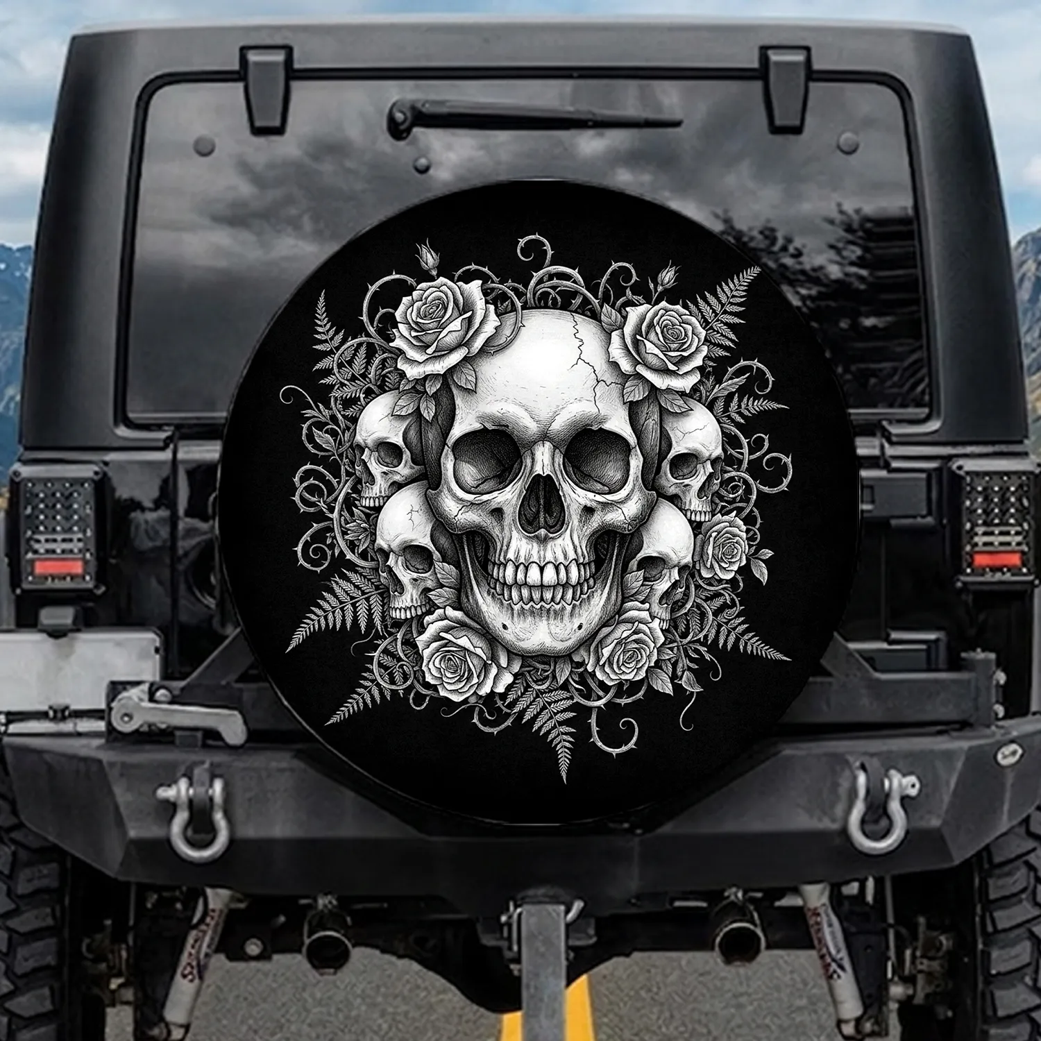 Detailed Human Skulls Blooming Flowers Leaves Tendrils - Deep Black Background Car Decor Gift Spare Tire Cover - 1