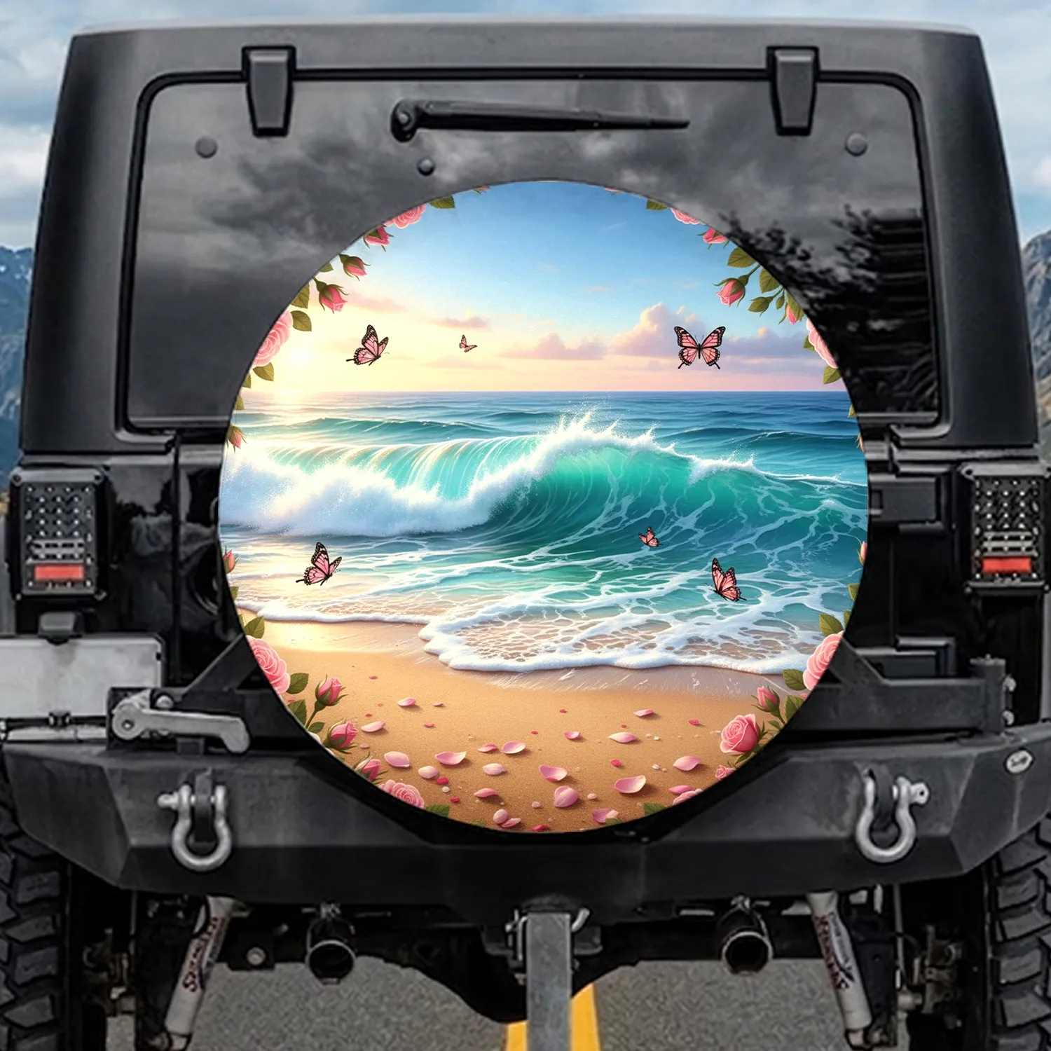 Turquoise Wave Sandy Beach Pink Roses Butterflies - Coastal Living Gift Spare Tire Cover - 1