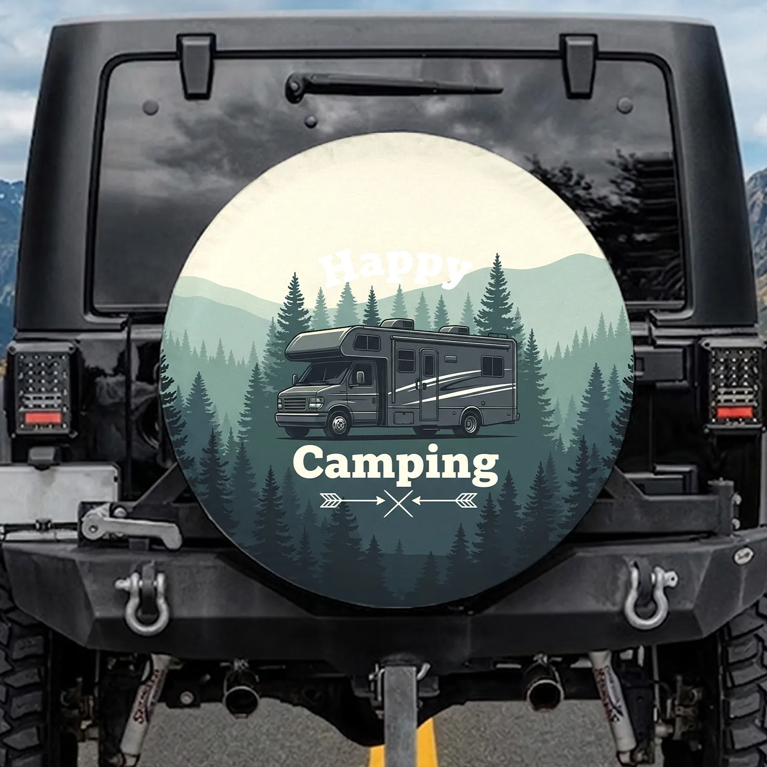 Class C Motorhome Forest Mountains Happy Camping - RV Lifestyle Camping Adventure Gift Spare Tire Cover - 1
