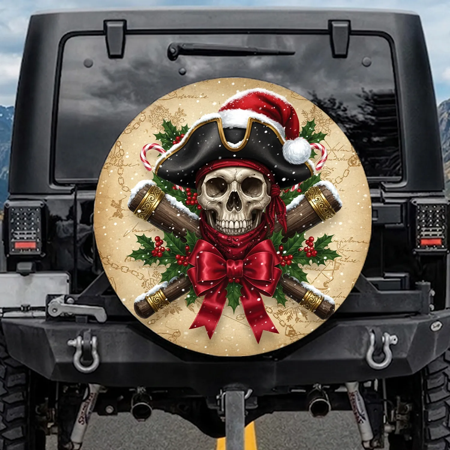 Pirate Skull Snowy Santa Hat Holly - Christmas Holiday Gift for Pirate Lover Spare Tire Cover - 1