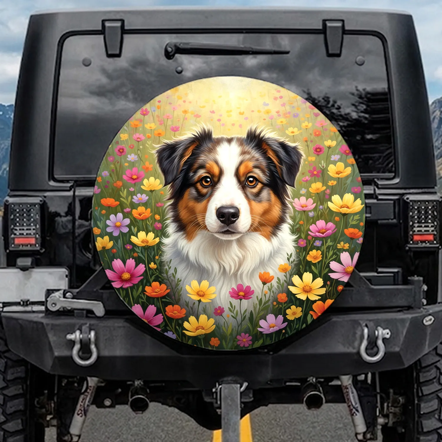 Australian Shepherd Border Collie Puppy Lush Wildflower Cosmos Poppies Garden - Dog Lover Gift Spare Tire Cover - 1