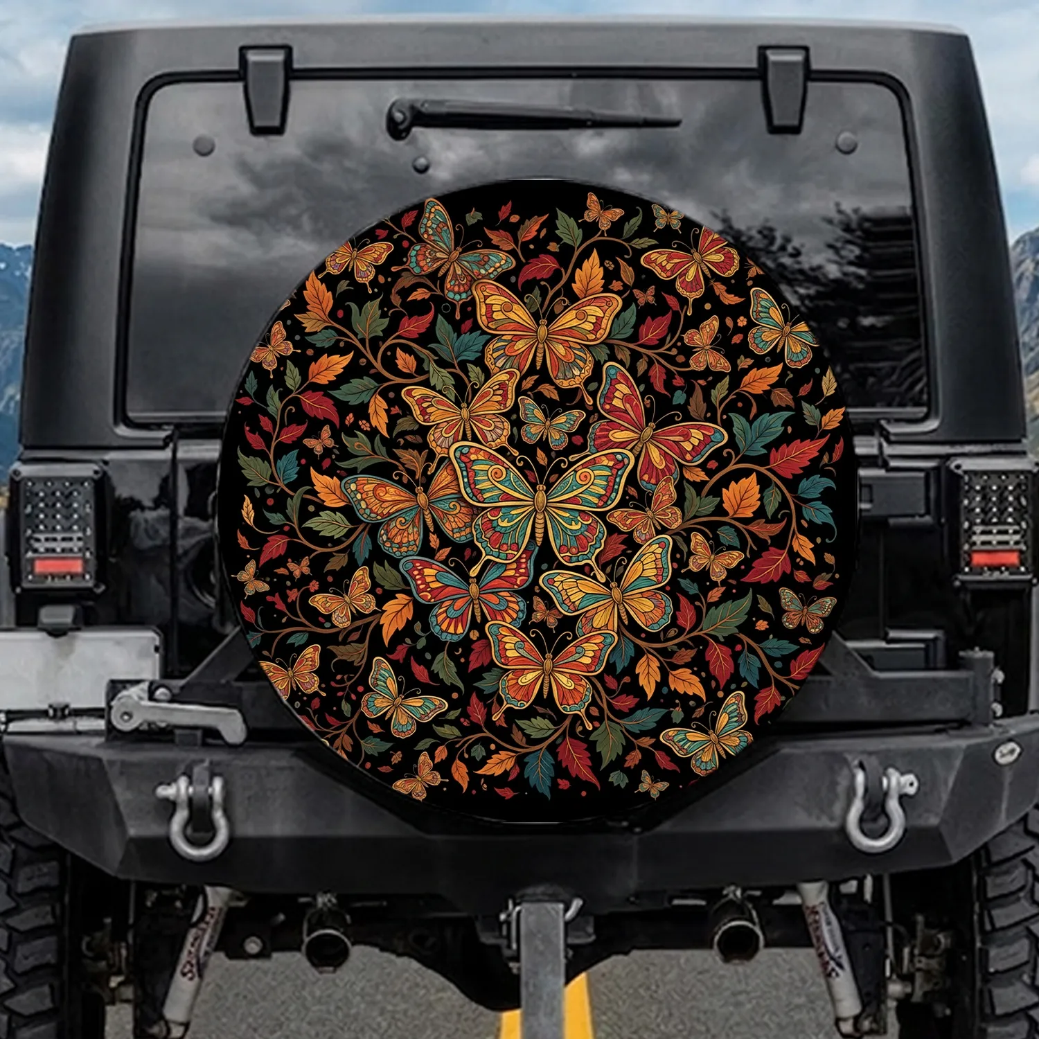Butterflies Autumn Leaves Branches - Black Background Autumn Decor Gift for Nature Lover Spare Tire Cover - 1