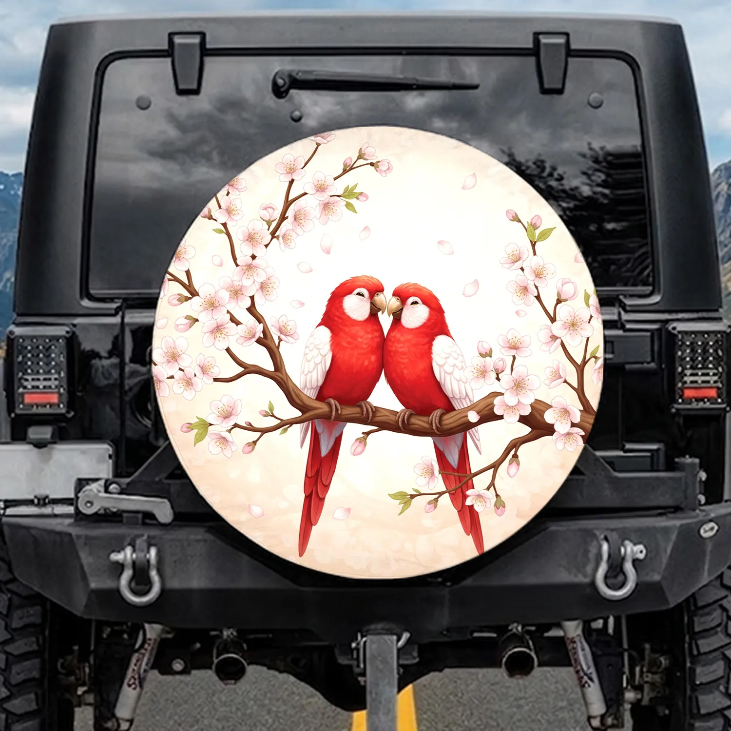 Red White Parakeets Cherry Blossoms - Wildlife Lover Car Decor Gift for Bird Lovers Spare Tire Cover - 1