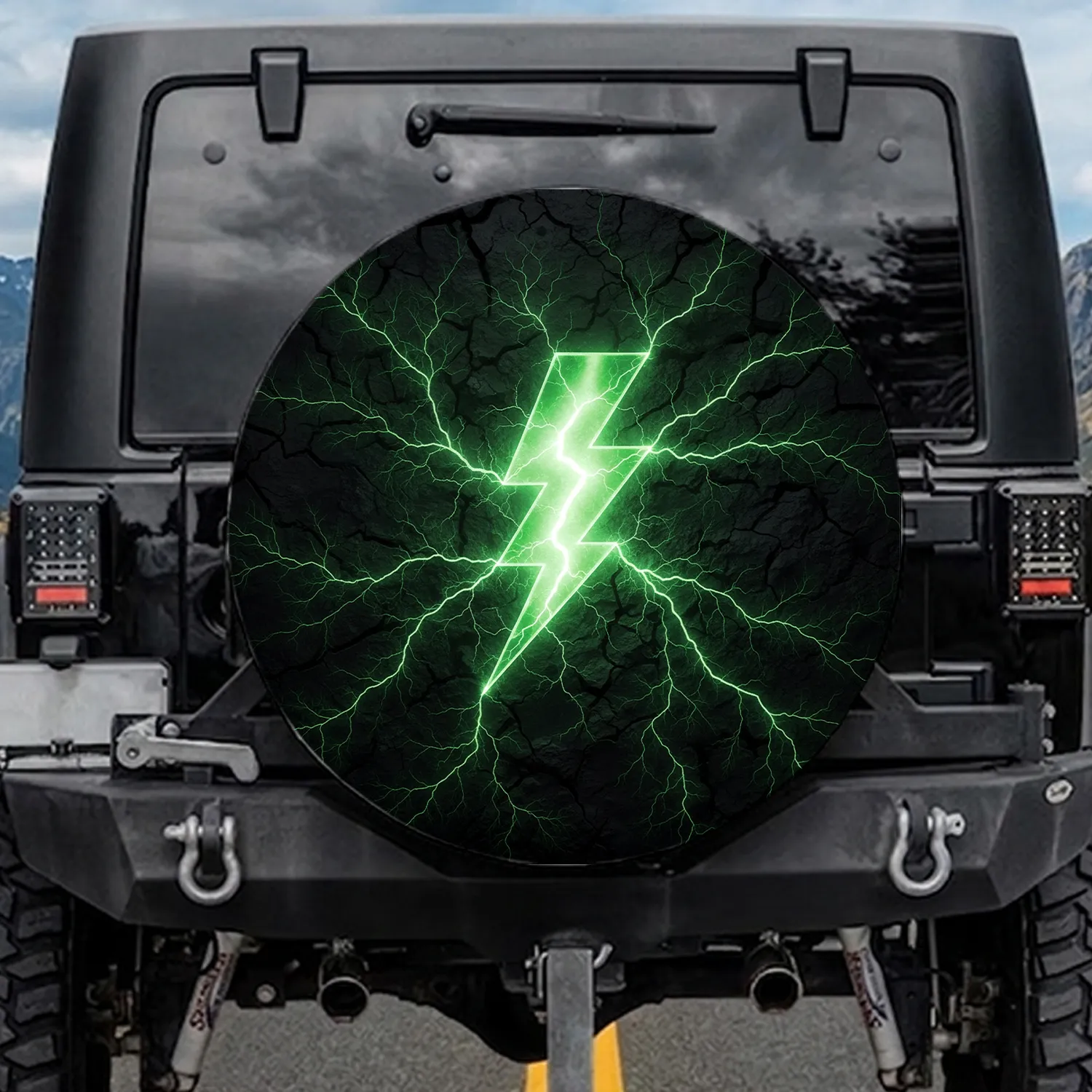 Electric Green Lightning Bolt Dark Fractured Earth Glowing Cracks - Outdoor Adventure Spare Tire Cover - 1