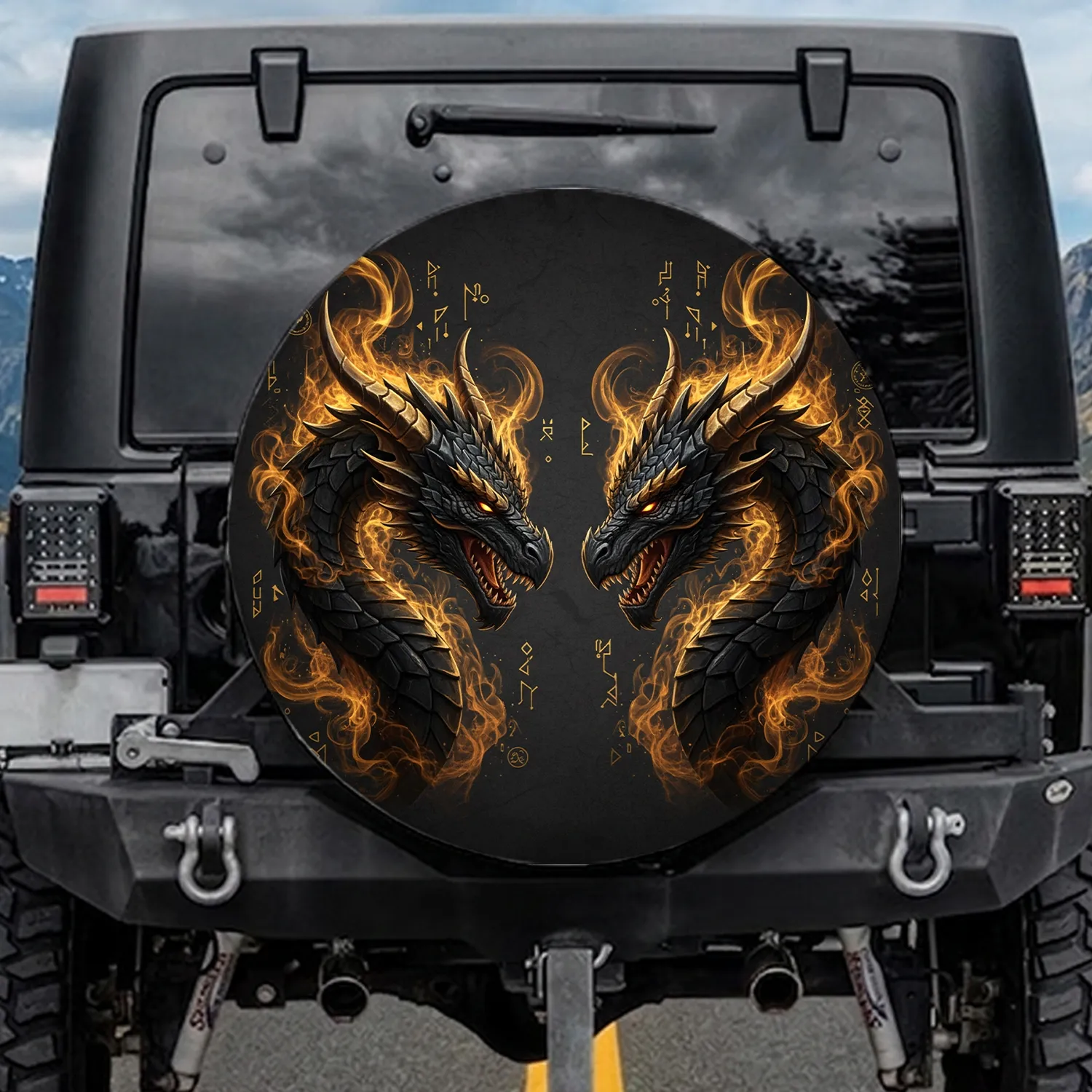 Confronting Mirrored Dragon Heads Obsidian Gold Accents Fiery Eyes - Fantasy Lover Gift Spare Tire Cover - 1