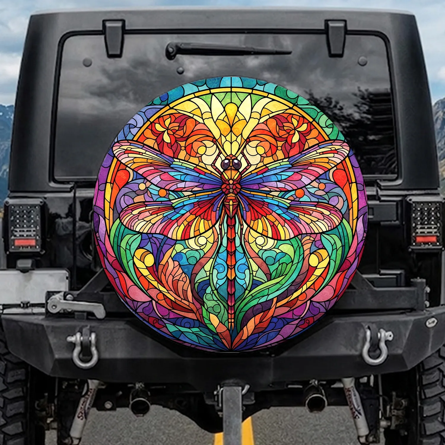 Stained Glass Dragonfly Floral Ethereal - Nature Lover Gift Spare Tire Cover - 1