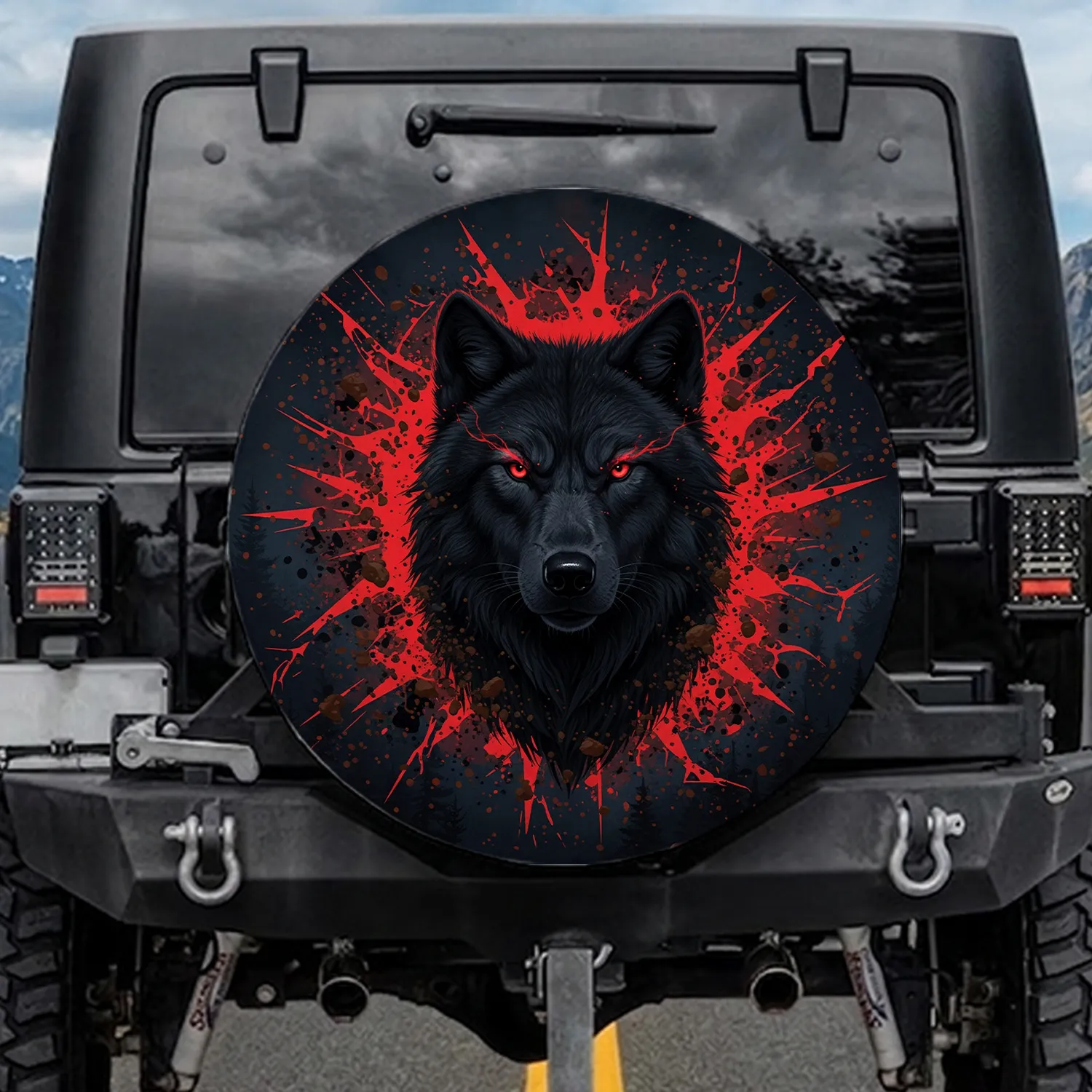 Aggressive Red Eyed Black Wolf Head Crimson Mud Splatter - Untamed Wildlife Gift Spare Tire Cover - 1
