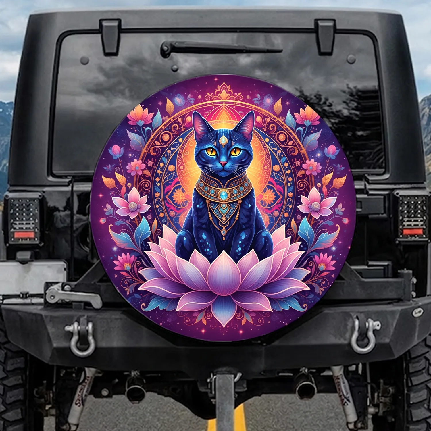 Sapphire Cat Lotus Mandala Boho Lifestyle Gift for Cat Lover Spare Tire Cover - 1