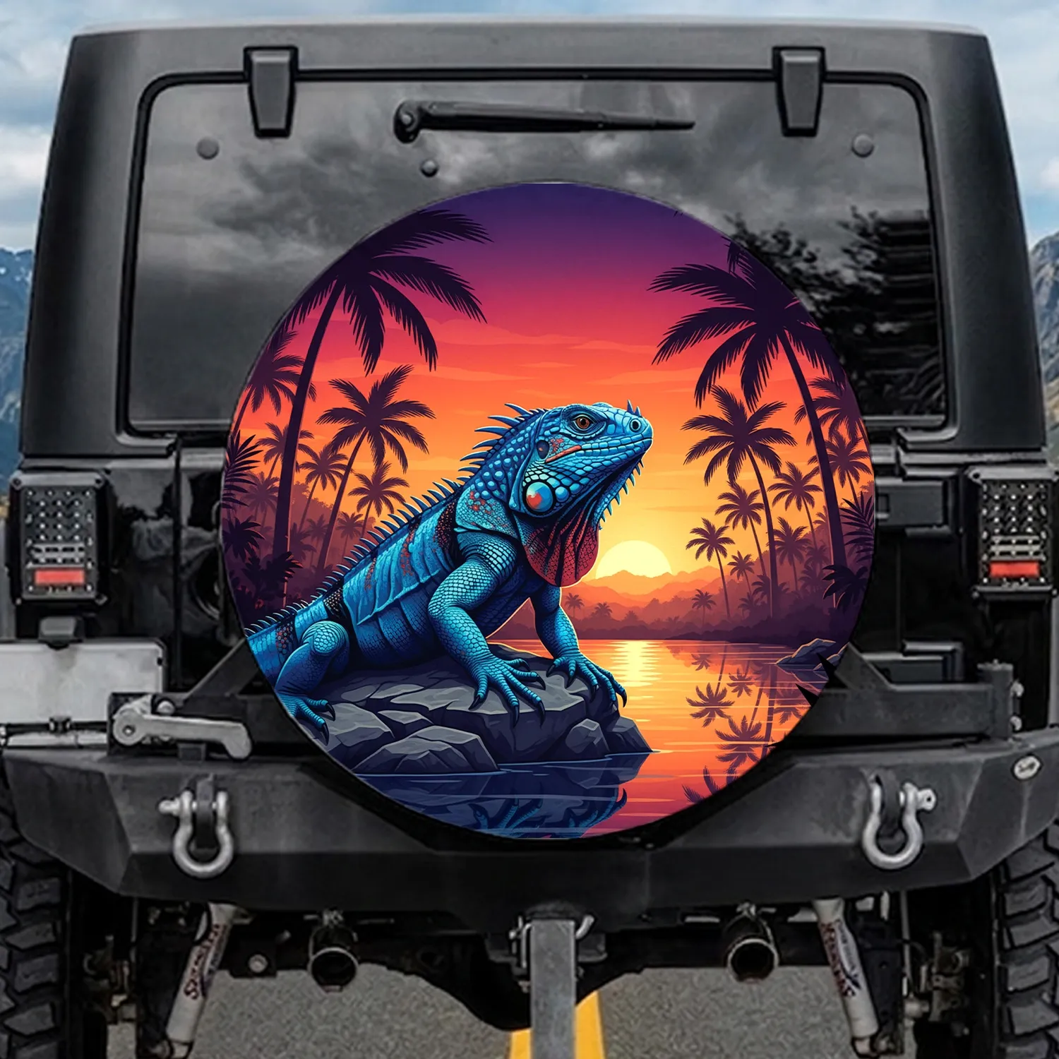 Blue Iguana Red Accents Tropical Sunset Towering Palms Lush Jungle - Wildlife Lover Gift Spare Tire Cover - 1