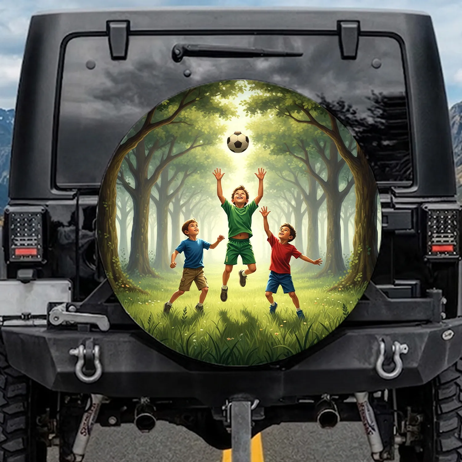 Three Children Jumping Soccer Green Grass Field - Outdoor Play Fun Gift Spare Tire Cover - 1