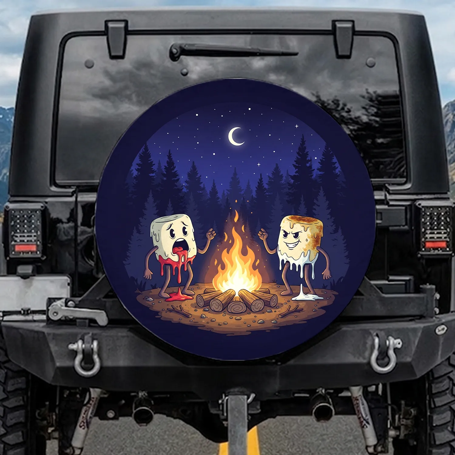 Startled Marshmallow Campfire Night Sky Pine Forest - Camping Adventure Gift Spare Tire Cover - 1