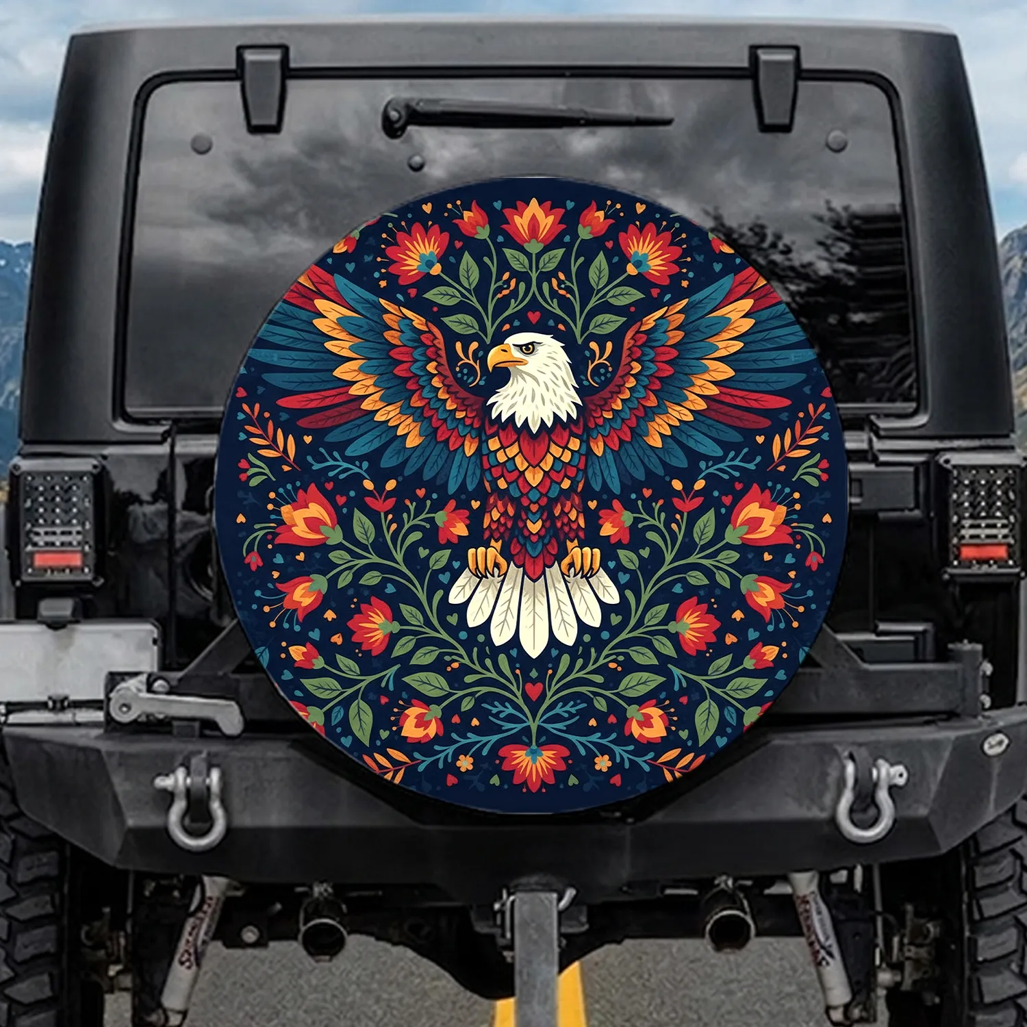 Bald Eagle Wings Spread Folk Art Floral Foliage Blooms Vines Stars Hearts - Gift for Wildlife Lovers Spare Tire Cover - 1