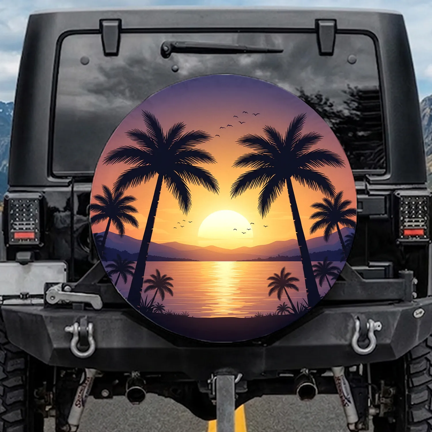 Setting Sun Ocean Palm Trees Tropical Foliage Mountain Birds Travel Essentials Spare Tire Cover - 1