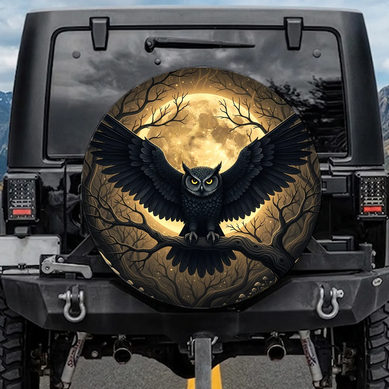 Majestic Owl Golden Moon Tree Branches - Twilight Sky Wildlife Lover Gift Spare Tire Cover - 1