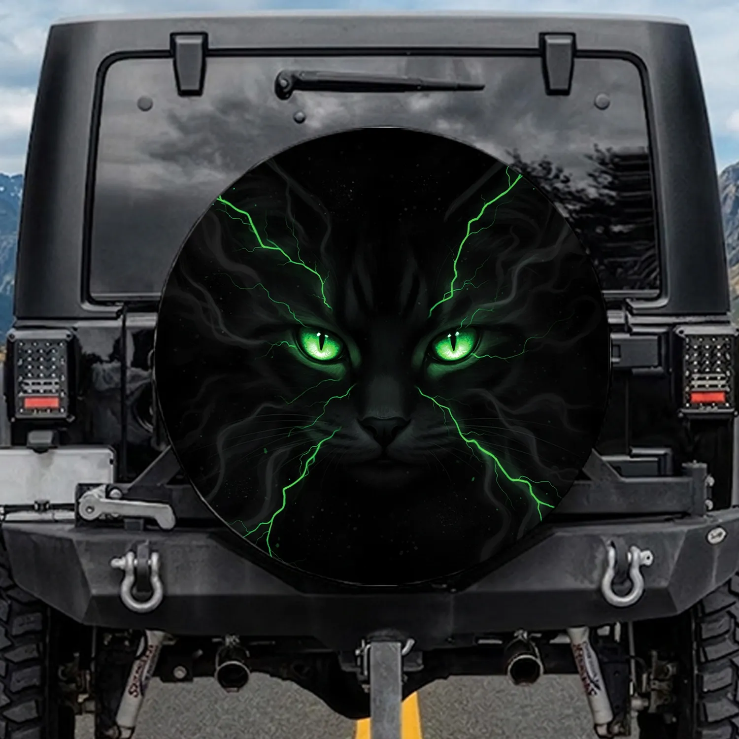 Glowing Green Cat Eyes Lightning - Driving Enthusiast Gift Spare Tire Cover - 1
