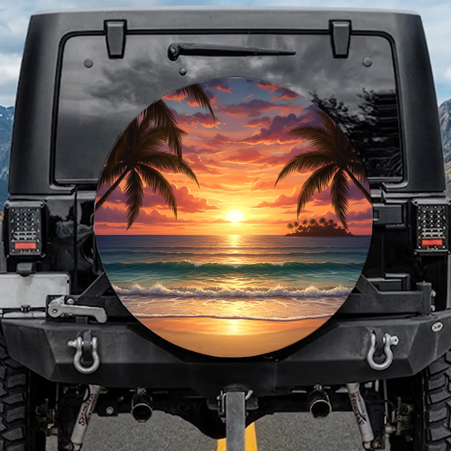 Fiery Tropical Sunset Ocean Beach Palm Trees Island - Travel Gear Gift Spare Tire Cover - 1