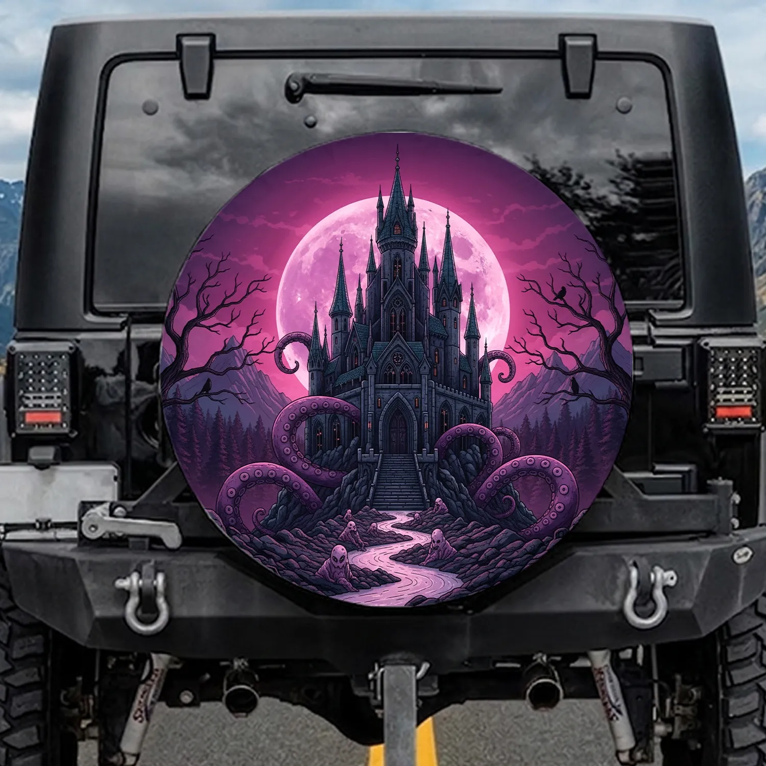 Gothic Castle Purple Tentacles Pink Moon Dark Forest - Dark Fantasy Lover Gift Spare Tire Cover - 1