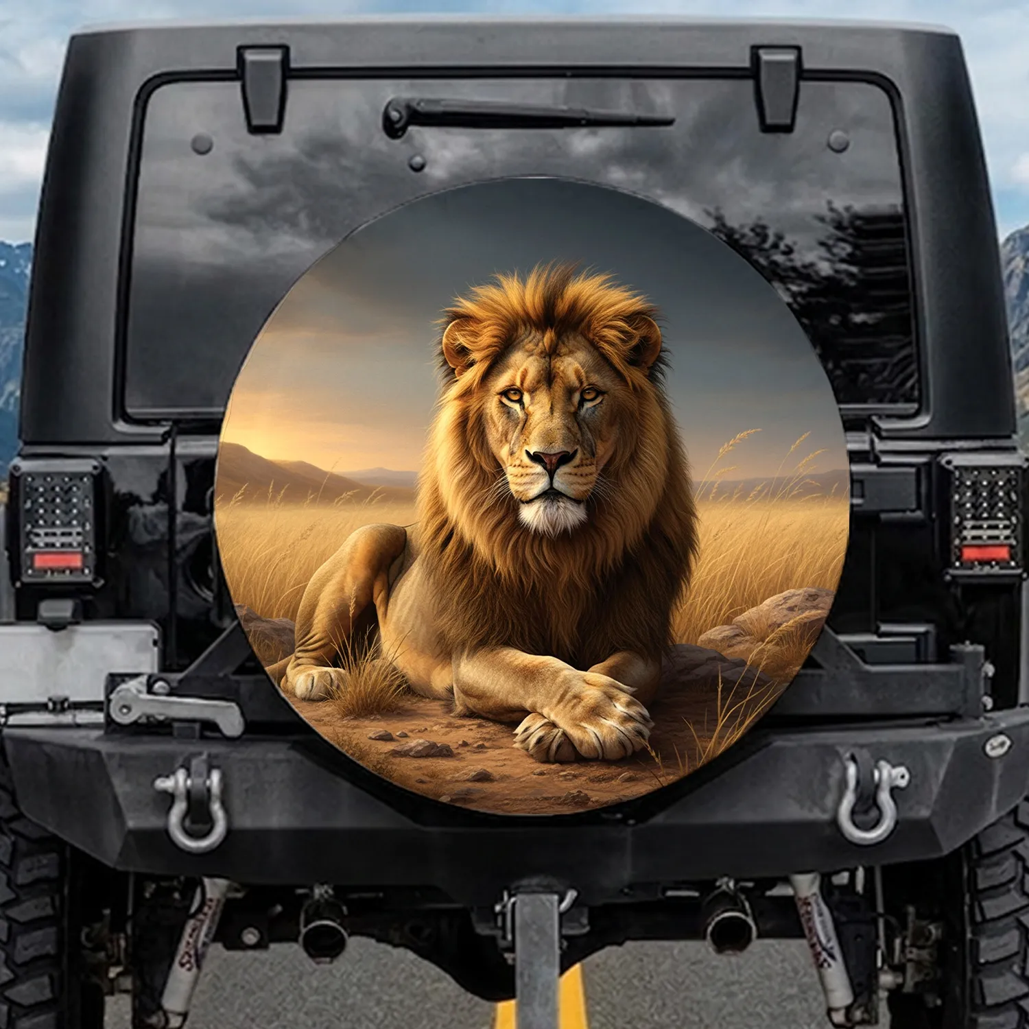 Powerful Majestic Golden Mane Lion Savanna Landscape - Wildlife Lover Gift for Lion Lovers Spare Tire Cover - 1
