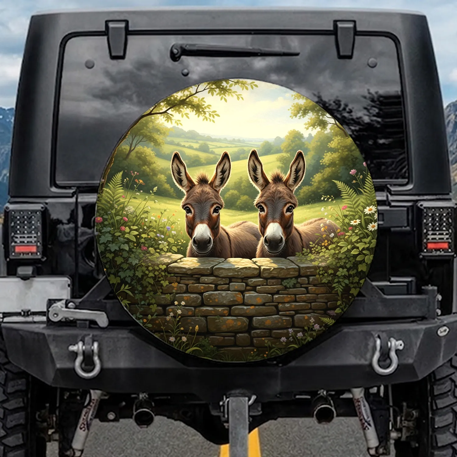 Inquisitive Donkeys Dry Stone Wall Countryside Landscape - Farmhouse Decor Wildlife Lover Gift Spare Tire Cover - 1