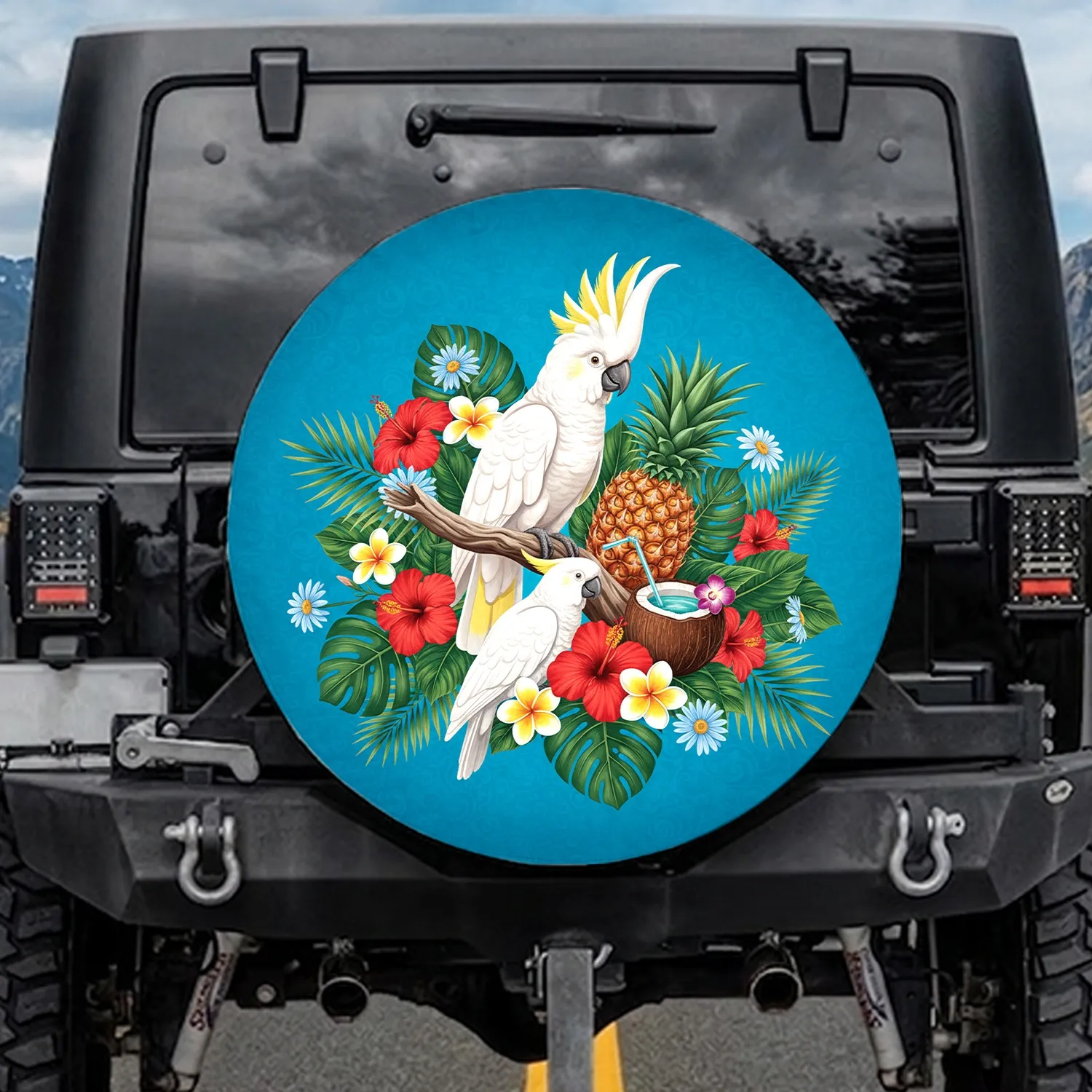 White Parrots Tropical Pineapple Coconut Drink Hibiscus Plumeria - Tropical Lifestyle Gift Spare Tire Cover - 1