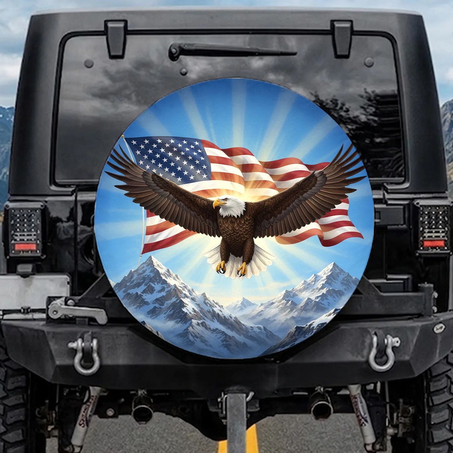 Bald Eagle American Flag Snow Mountains - Independence Day Patriotic Gift Spare Tire Cover - 1