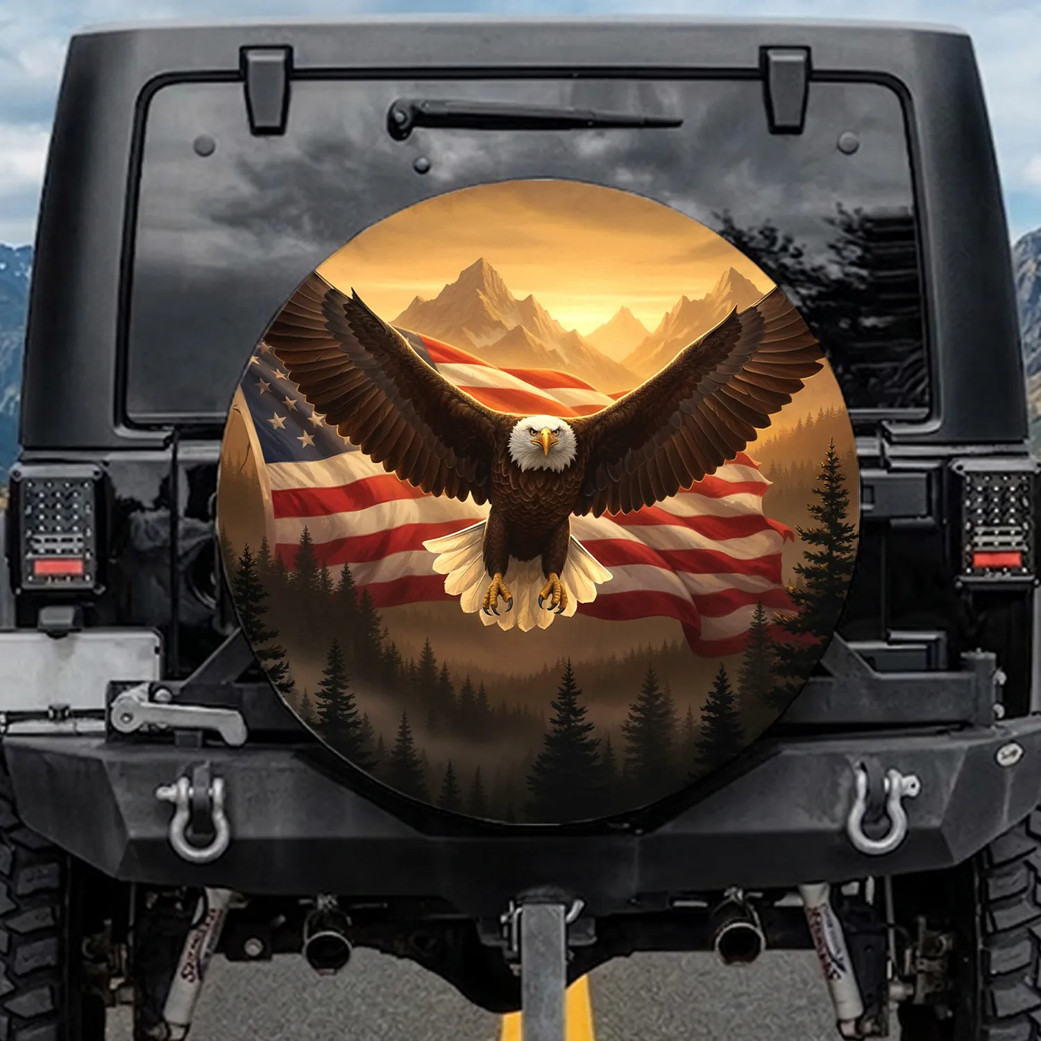 Bald Eagle American Flag Mountain Landscape - Independence Day Wildlife Gift Spare Tire Cover - 1