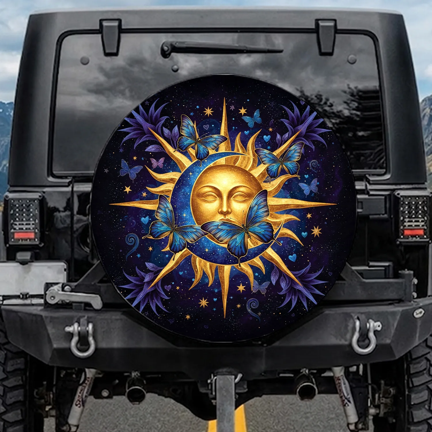 Golden Sun Blue Moon Butterflies Stars Cosmic Night Sky - Celestial Lover Gift Spare Tire Cover - 1